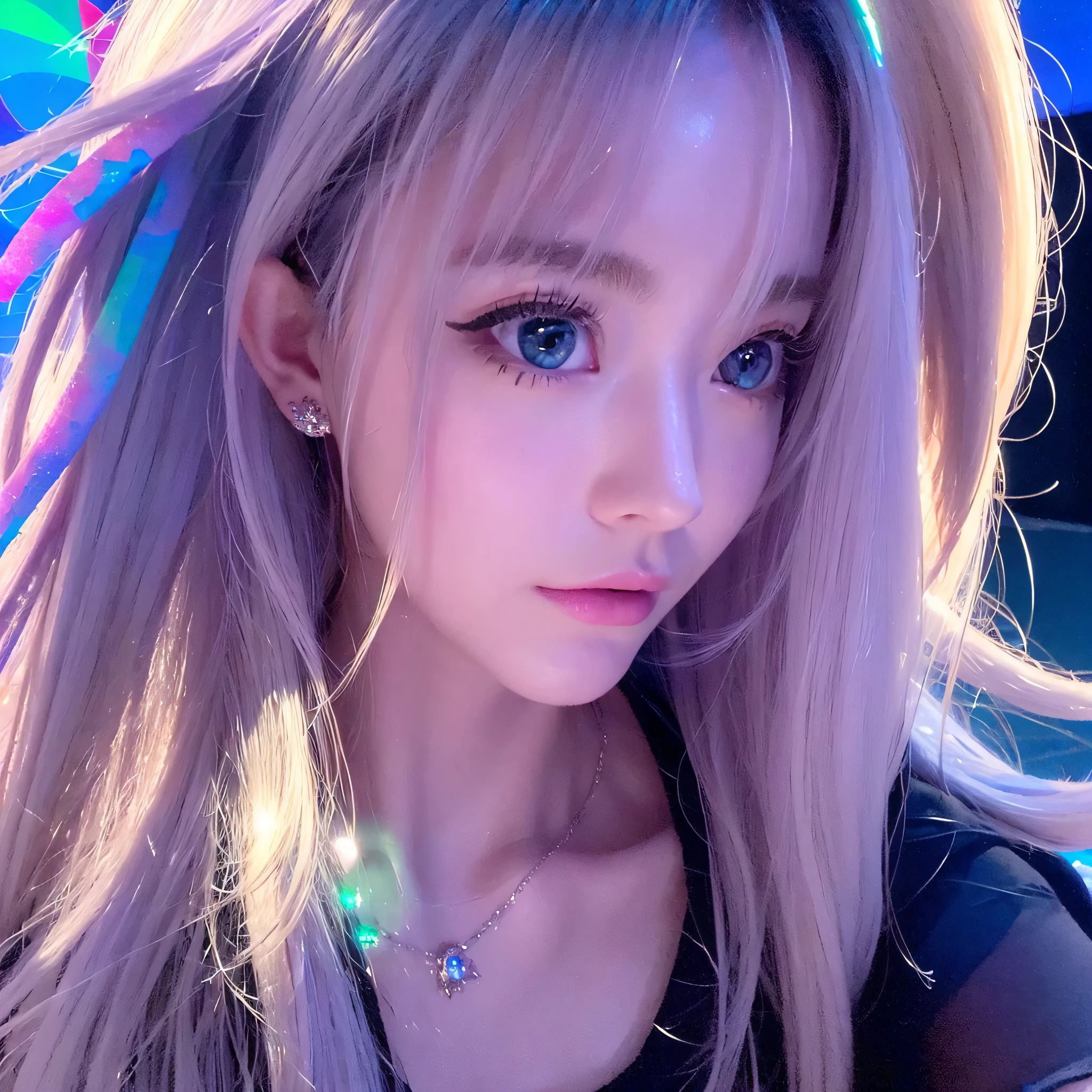 masterpiece, Amazing Woman, pretty girl, bust, high detail eyes, perfect eyes, portrait, high detail face, same eyes, glare, Rainbow-colored, global illumination, soft light, dream lights, digital painting, 8K close-up, fantasy, night sky, performer, nebula, White crystals, moonlight, tranquility, summer, (8k:1.1)