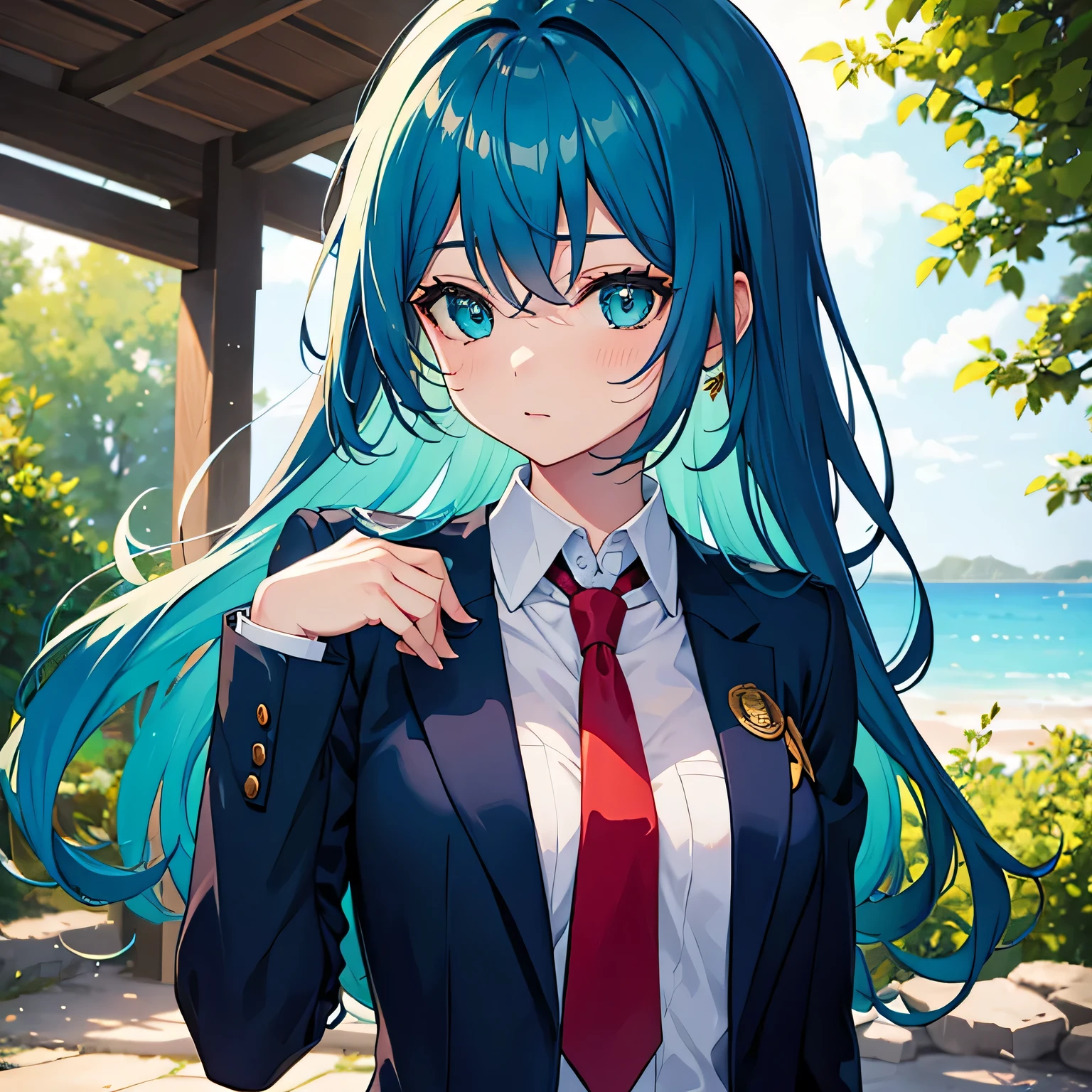 Anime girl with blue hair in green suit and red tie, green eyes, shy blush