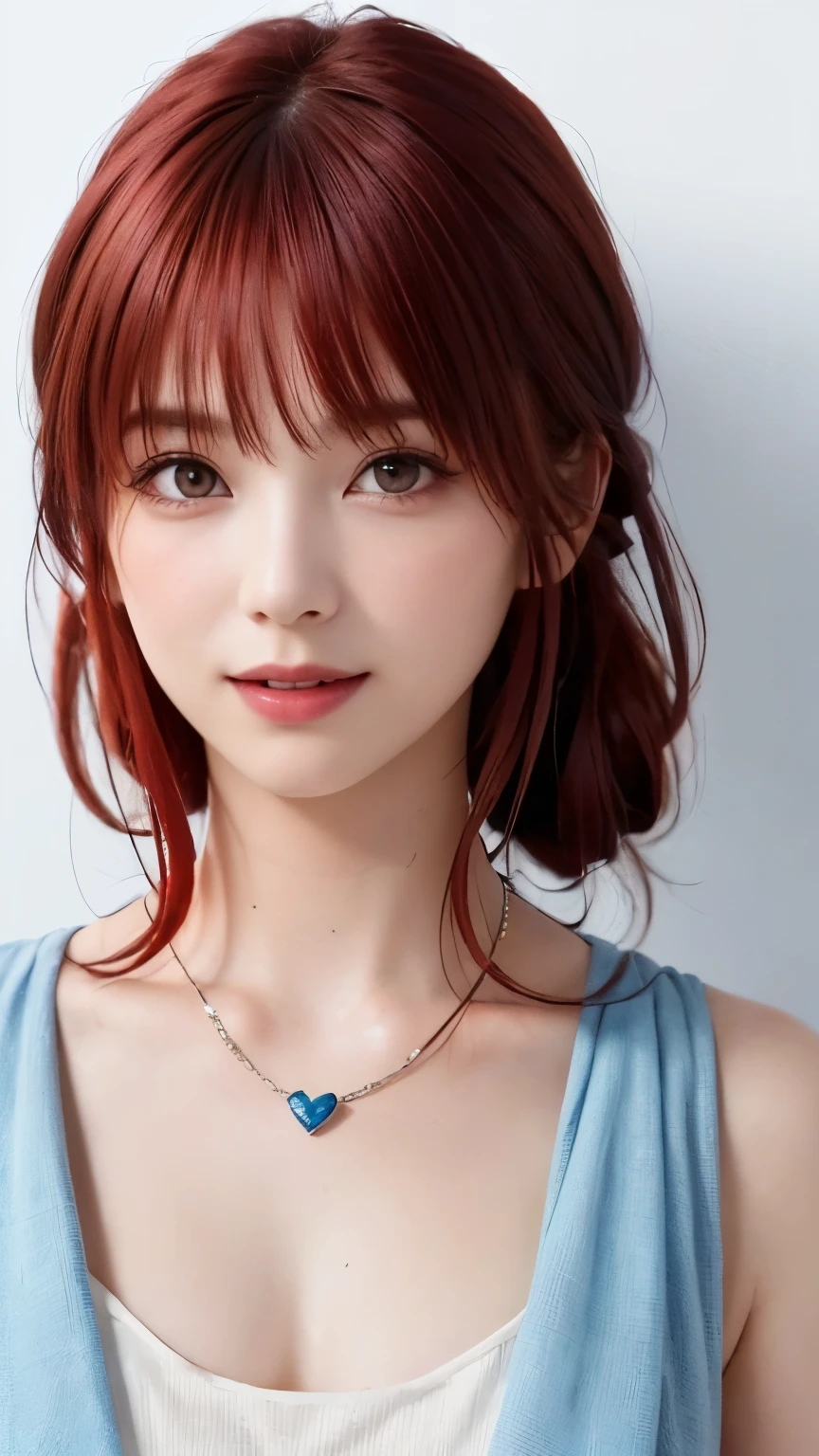 (highest quality、8k、32K、masterpiece)、(RAW photo)、(realistic)、(Photoreal:1.2)、(High resolution)、Super detailed、very beautiful face and eyes、1 girl、round and small face、thin waist、delicate body、(highest quality、high detail、rich skin details)、(highest quality、8k、oil paint:1.2)、Super detailed、(realistic、realistic:1.37)、bright colors、(((red hair)))、(((Red Hair)))、(((I have medium hair)))、(((This is a stylish hairstyle)))、(((bust shot)))、(((white background)))、(((pure white wall background)))、(((I'm wearing a dress)))、(((pure white wall background)))、(((It&#39;s a blue dress)))、(((A dress with a botanical pattern)))、(((laughing)))、(((wearing a heart-shaped necklace)))、(((i have red hair)))、(((Beautiful thighs)))、