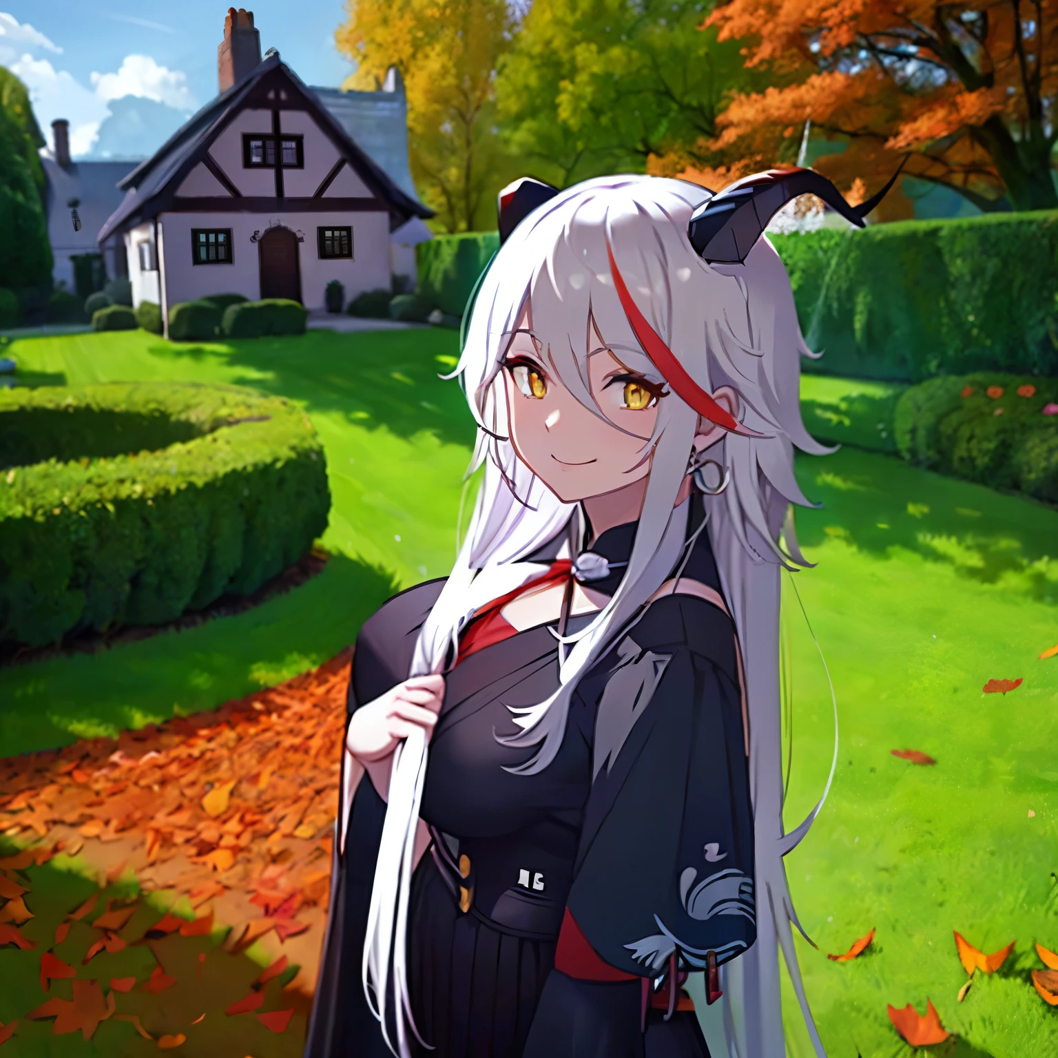 A woman wearing a black dress, long silver hair, red bangs, yellow eyes, horns, in a garden of a German house, autumn weather, smiling.
