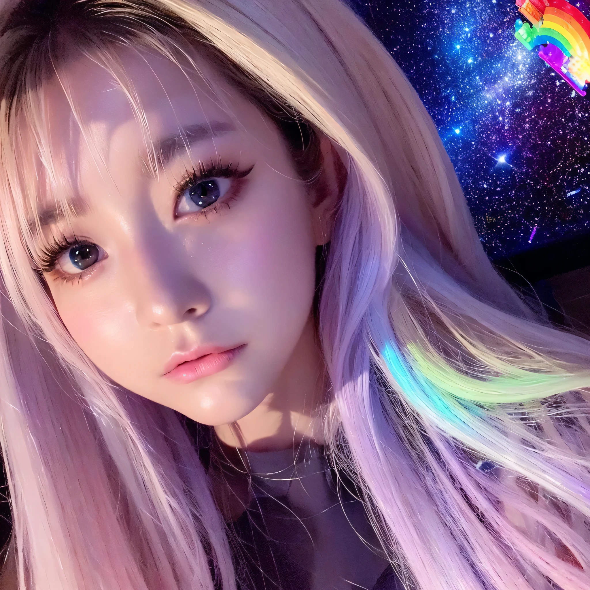 masterpiece, Amazing Woman, pretty girl, bust, high detail eyes, perfect eyes, portrait, high detail face, same eyes, glare, Rainbow-colored, global illumination, soft light, dream lights, digital painting, 8K close-up, fantasy, night sky, performer, nebula, White crystals, moonlight, tranquility, summer, (8k:1.1)
