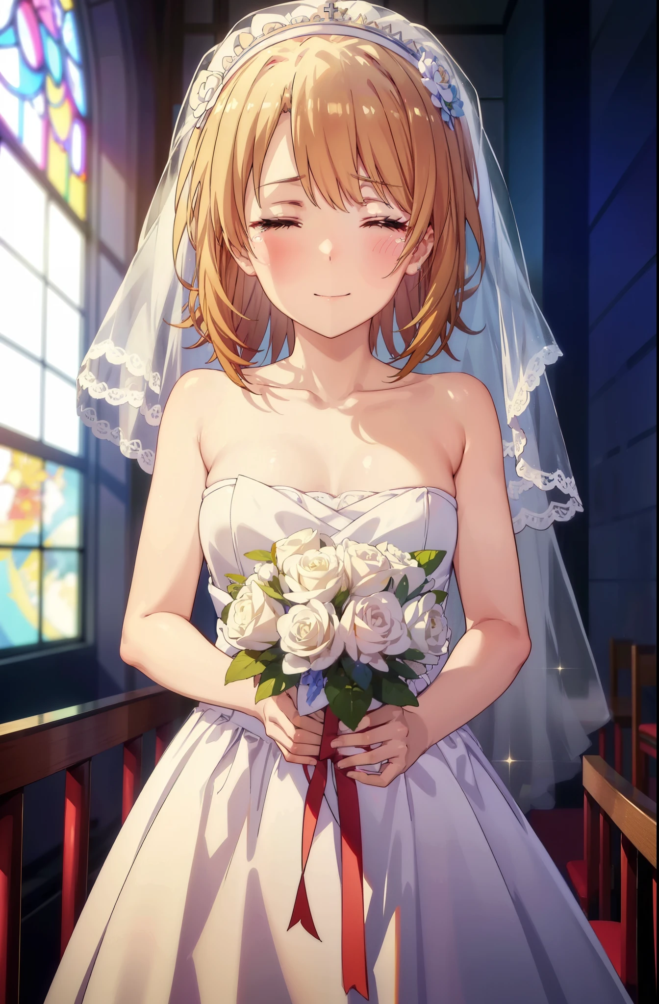 irohaisshiki, iroha isshiki, long hair, brown hair, open your mouth,smile,happy atmosphere,Close both eyes and cry,tears run down her face,tears of joy,blush,smile,naked neck,bare clavicle,bare shoulders, large pale stained glass,Light of the sun,chapel,marriage,church,Wedding dress,veil,Wedding Skirts,bouquet,bouquetトス,Holding a big bouquet in both hands,happy atmosphere,Hanabubuki,marriage式 break indoors, chapel, church,
break (masterpiece:1.2), highest quality, High resolution, unity 8k wallpaper, (shape:0.8), (highly detailed face, perfect lighting, Very detailed CG, (perfect hands, perfect anatomy),