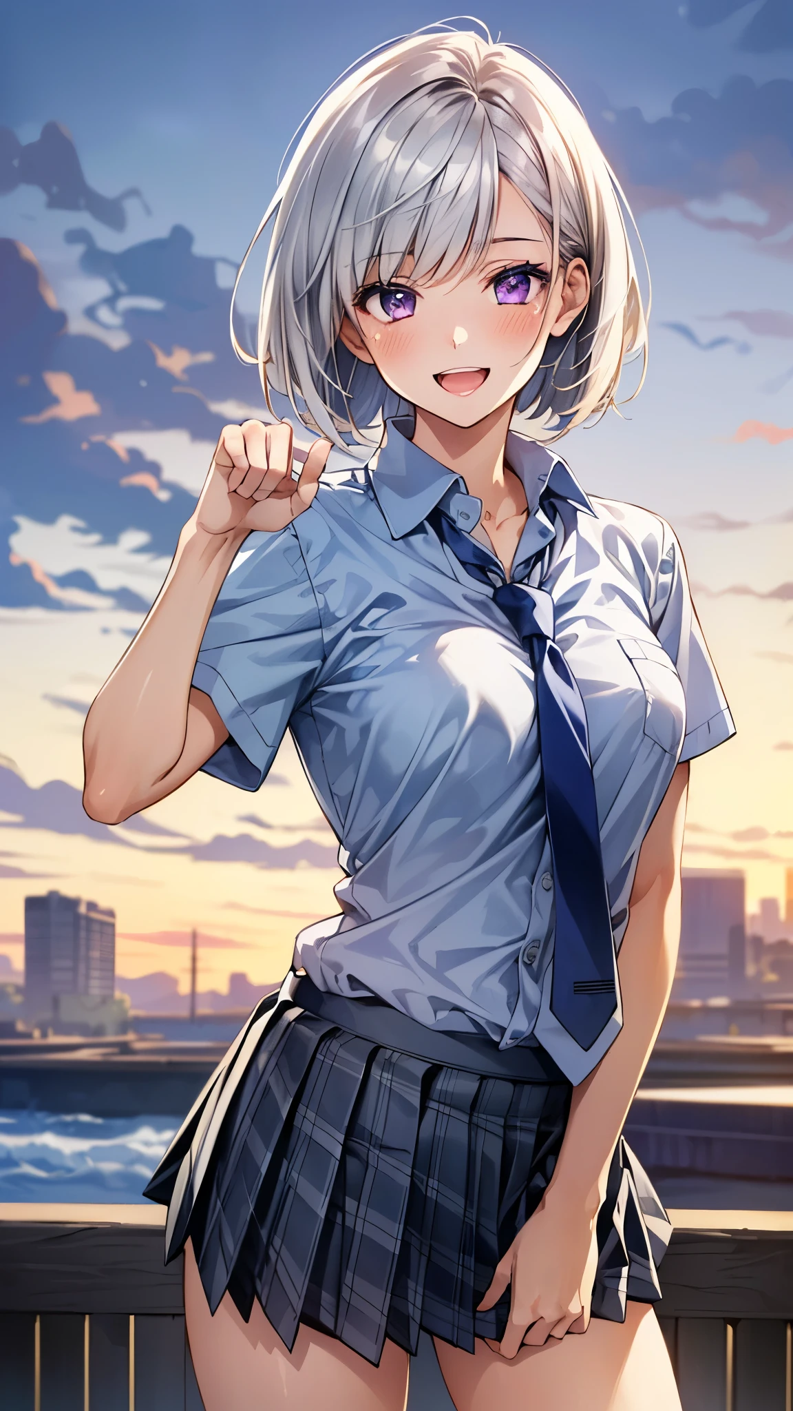 (masterpiece:1.3, top-quality, ultra high res, ultra detailed), (realistic:1.1, photorealistic:1.4), beautiful illustration, perfect lighting, colorful, depth of fields,
beautiful detailed hair, beautiful detailed face, beautiful detailed eyes, beautiful clavicle, beautiful body, beautiful chest, beautiful thigh, beautiful legs, beautiful fingers,
looking at viewer, 1 girl, japanese, high school girl, perfect face, (perfect anatomy, anatomically correct), cute and symmetrical face, face, suntan, shiny skin,
(short hair:1.2, bob cut:1.2, silver hair), crossed bangs, purple eyes, long eye lasher, (medium breasts), slender,
((collared short sleeve shirt, light blue shirt, school uniform, grey plaid pleated skirt, navy tie)), light blue panties,
(beautiful scenery), evening, (outdoors, cityscape in the distance), standing, (paw pose), (lovely smile, upper eyes, open mouth),