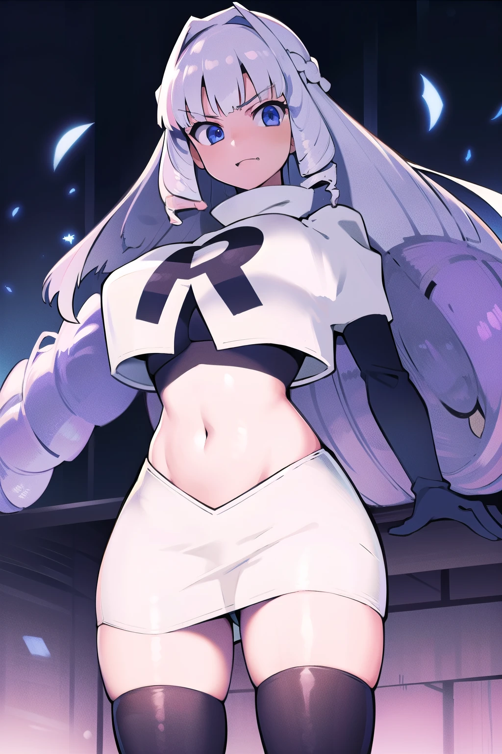 1girl, solo, Fujido Oriko, blue eyes, blunt bangs, breasts, cowboy shot, drill hair, fang, large breasts, long hair, looking at viewer, purple hair, white hair, team rocket,team rocket uniform, red letter R, white skirt,white crop top,black thigh-highs,black elbow gloves