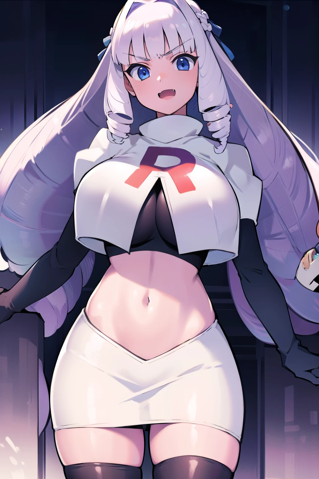 1girl, solo, Fujido Oriko, blue eyes, blunt bangs, breasts, cowboy shot, drill hair, fang, large breasts, long hair, looking at viewer, purple hair, white hair, team rocket,team rocket uniform, red letter R, white skirt,white crop top,black thigh-highs,black elbow gloves