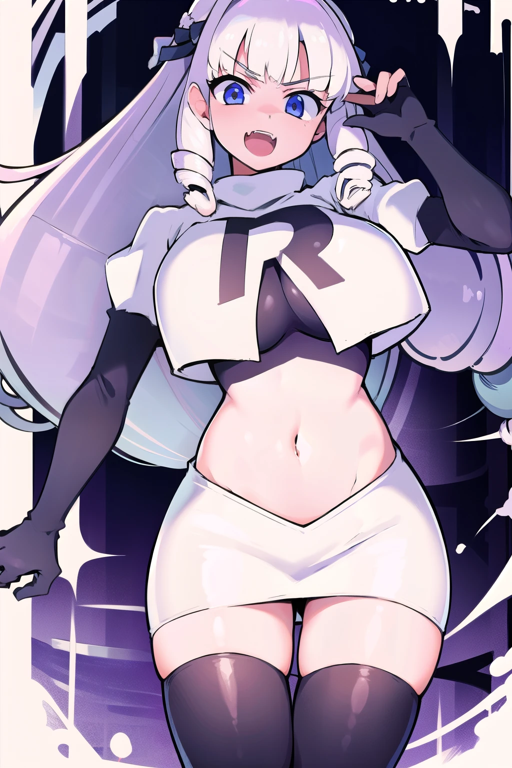 1girl, solo, Fujido Oriko, blue eyes, blunt bangs, breasts, cowboy shot, drill hair, fang, large breasts, long hair, looking at viewer, purple hair, white hair, team rocket,team rocket uniform, red letter R, white skirt,white crop top,black thigh-highs,black elbow gloves