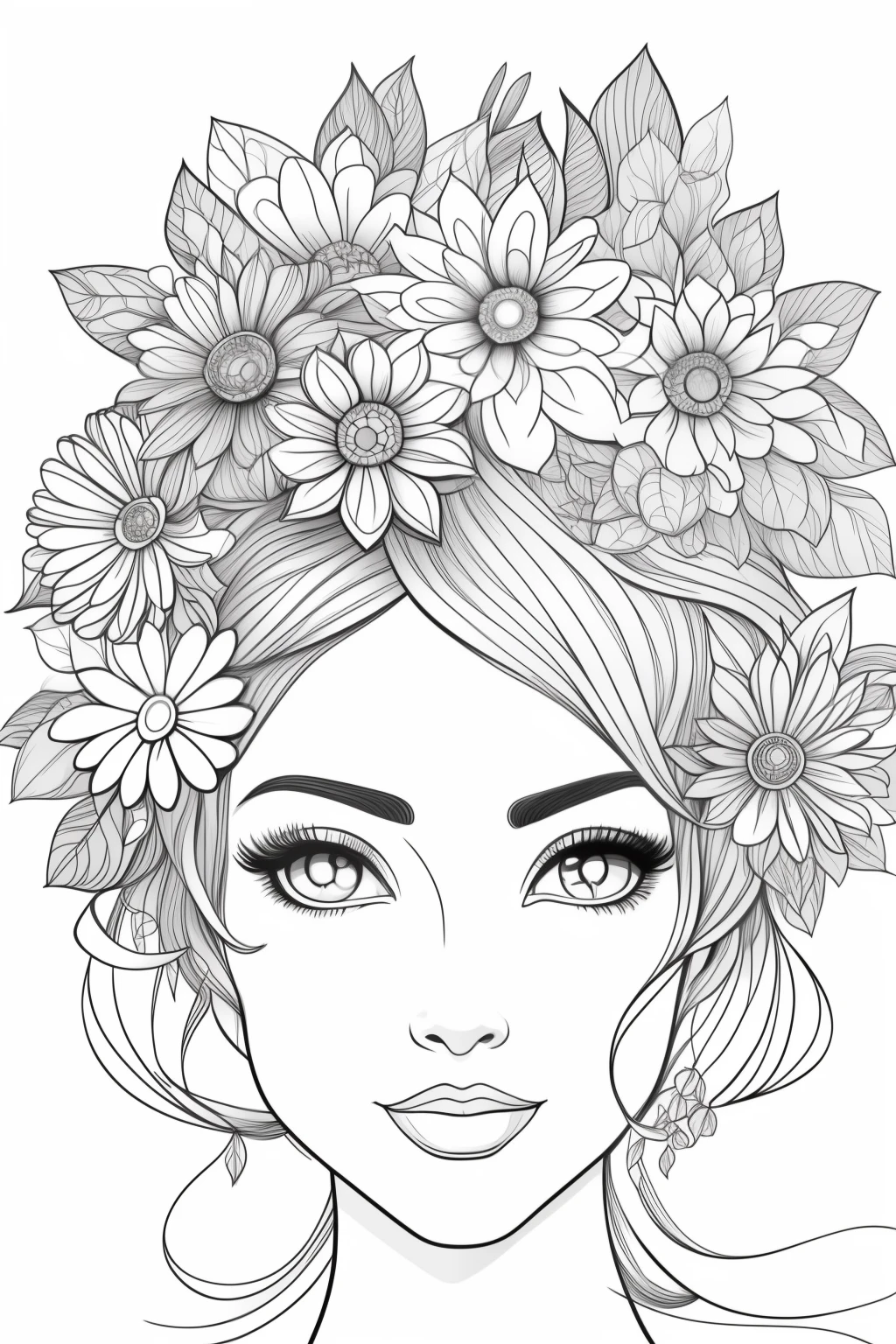 a black and white drawing of a woman with flowers in her hair, clean coloring book page, girl with a flower face, line art colouring page, girl with a flower head, black and white coloring, line art illustration, lotus floral crown girl, she has a crown of flowers, beautiful line art, the girl made out of flowers, girl in flowers