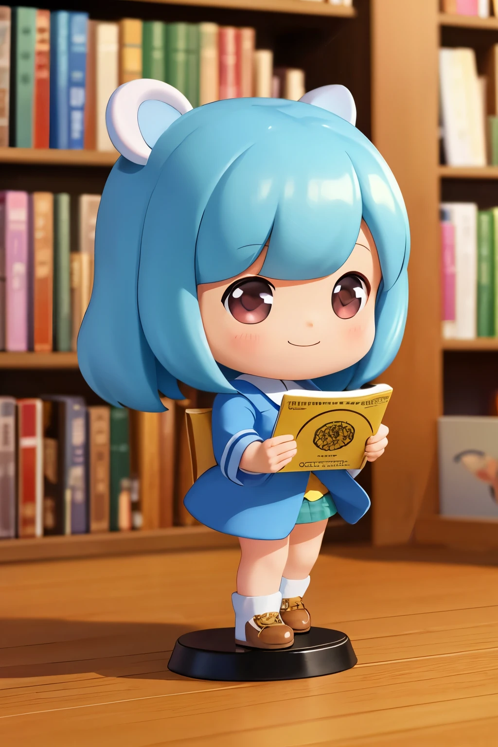 Photoreal、Chibi girl picking up and reading a picture book at a bookstore、smile