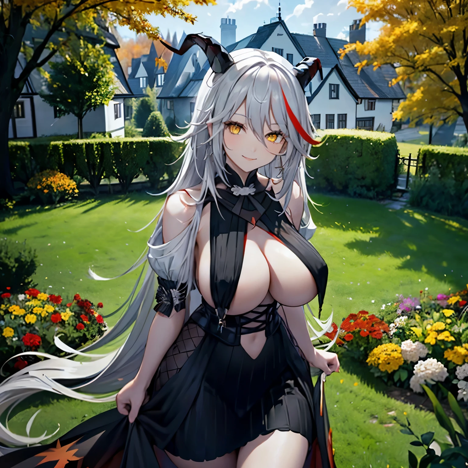 A woman wearing a black dress, long silver hair, red bangs, yellow eyes, horns, in a garden of a German house, autumn weather, big breast, smiling.
