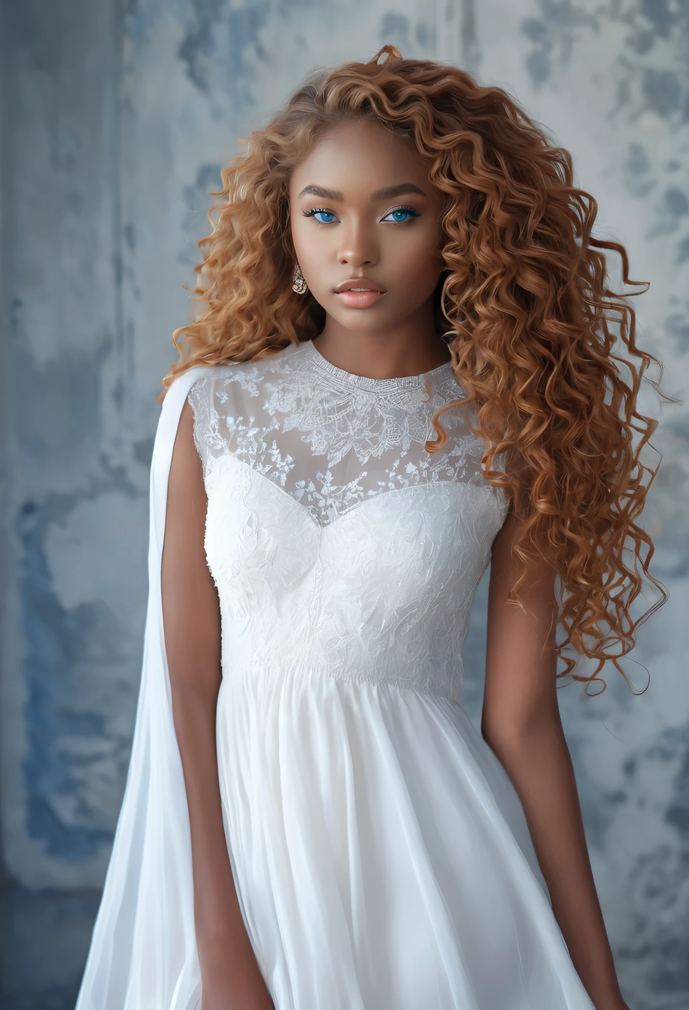 beautiful (((darkskin:1.2))) young woman:1.3, ((dark skin:1.2)), african mixed thailandaise and russian, 17's, (((long strawberry blonde curly hair))), one blue eyes and one grey eyes, ethereal darkskin beauty,piercing blue eyes,long flowing dark hair,darkskin complexion,soft lips,sensual demeanor,alluring gaze,graceful pose,subtle makeup,pure white dress,delicate features,striking contrast with her surroundings,soft natural light,subtle shadows,ethereal atmosphere,vibrant colors,dreamlike setting,romantic ambiance,artistic portrait,highly detailed rendering,photorealistic quality.