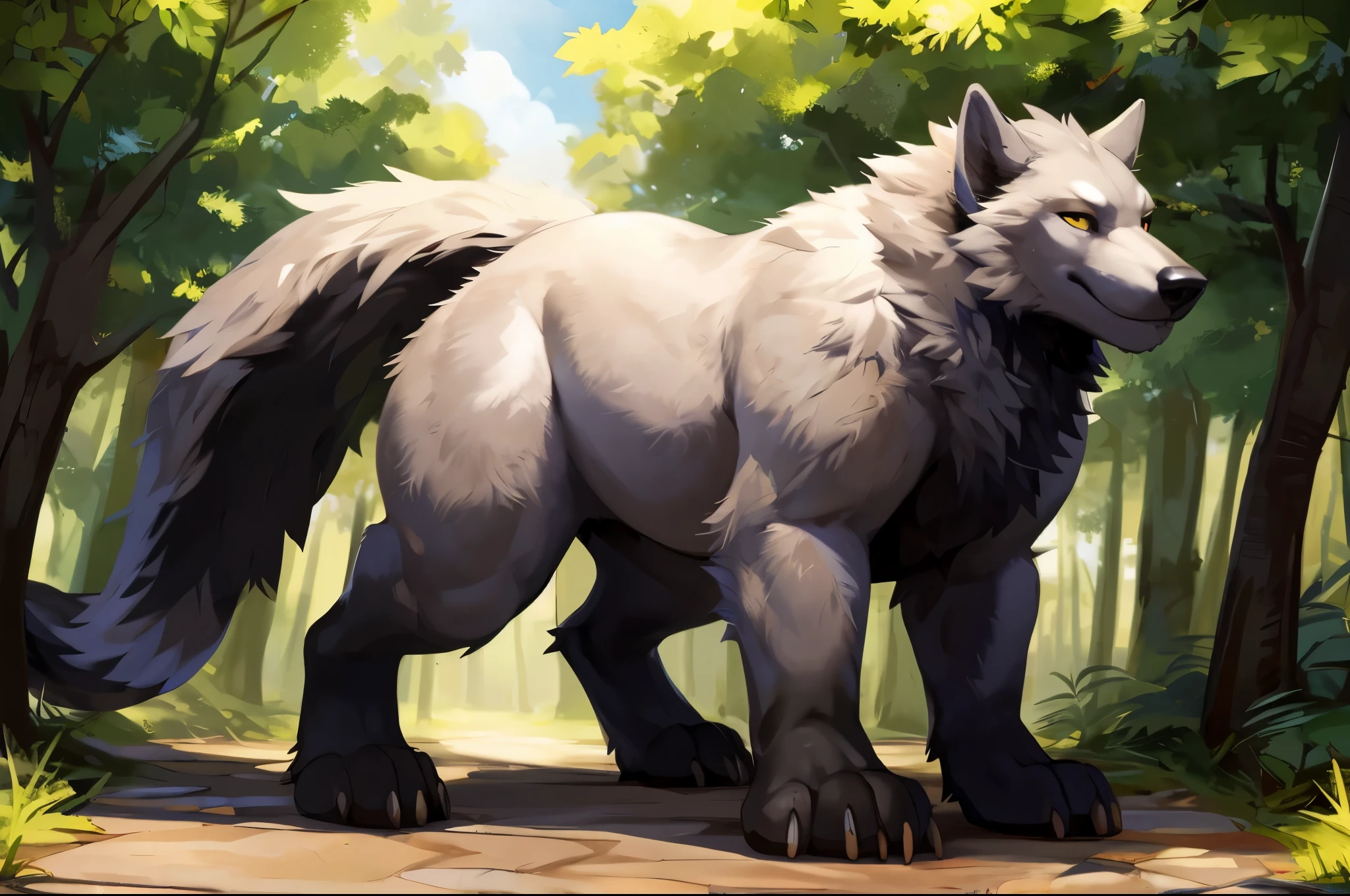 ultra-detailed, masterpiece, masterwork, high quality, best quality, hdr, posted on e621, (by darkgem, by zaahrich), (nature), nsfw, (male), solo, chibi, (white little body werewolf), werewolf, (long silver hair, yellow eyes, white body), stylish pose, dynamic angle, (nude, long foreskin, littlepenis, balls)