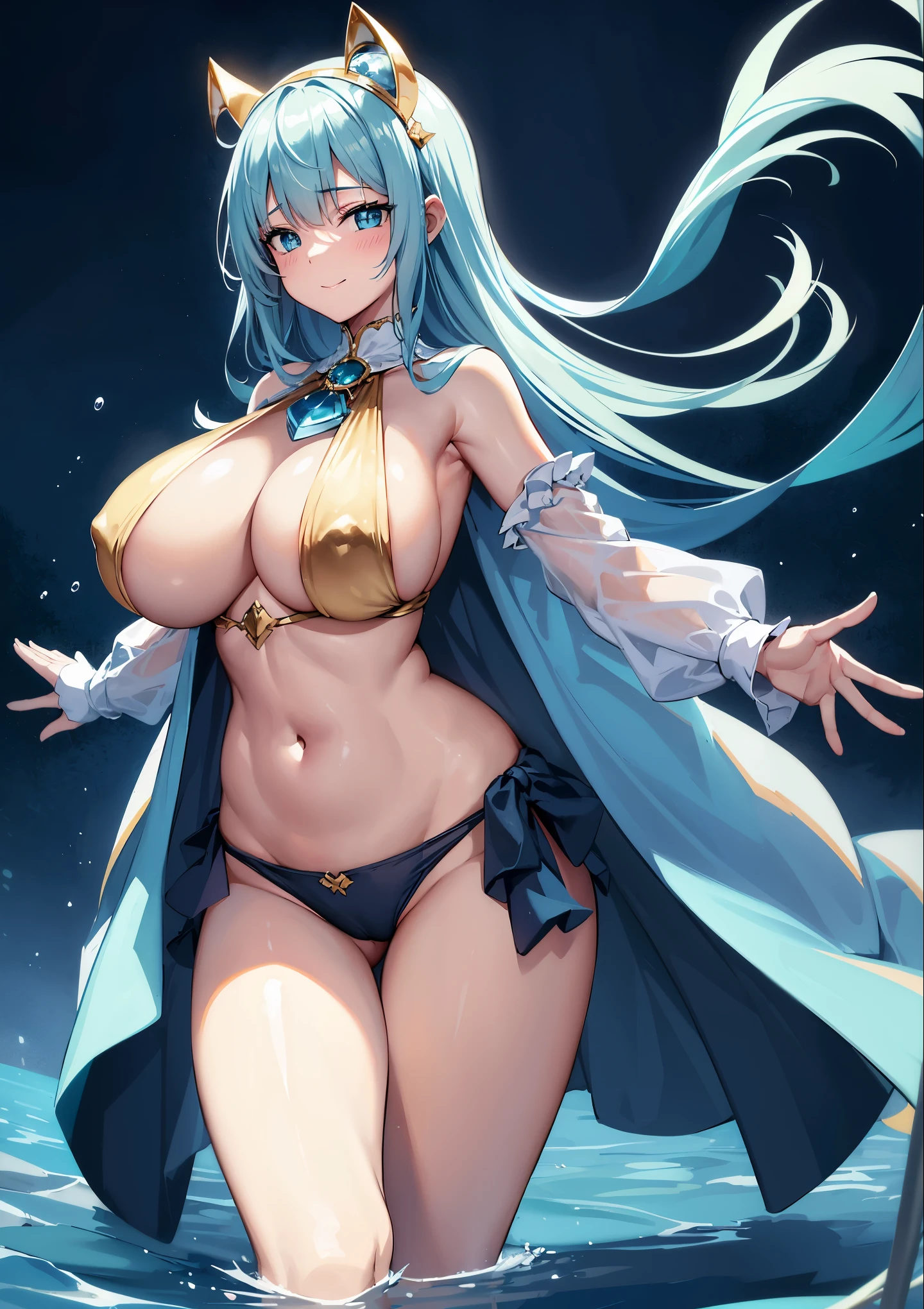 fantasy, 1water_elemental_girl,(right_skin:0.9), (using_water_clothes:1.1), water_covered_breasts, water_covered_pussy,covered_nipples,(gigantic_heavy_tits:1.1), walking, smile, sleepy, medium_hair, navel oil, (water_around_torso:1.1), pondside_background, gold_headgear, aquablue_cape, spread_arms, large_staff, slender_thighhighs,solo,(pelvic_curtain:1.2), tabard,(plump:0.7),cowboyshot,(apart_legs:1.4),pussy,splash