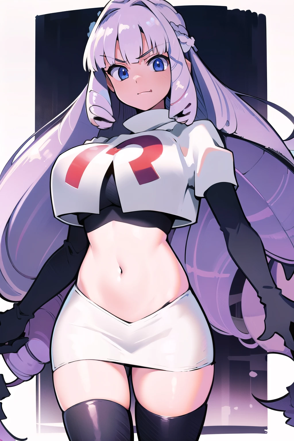 1girl, solo, Fujido Oriko, blue eyes, blunt bangs, breasts, cowboy shot, drill hair, fang, large breasts, long hair, looking at viewer, purple hair, white hair, team rocket,team rocket uniform, red letter R, white skirt,white crop top,black thigh-highs,black elbow gloves