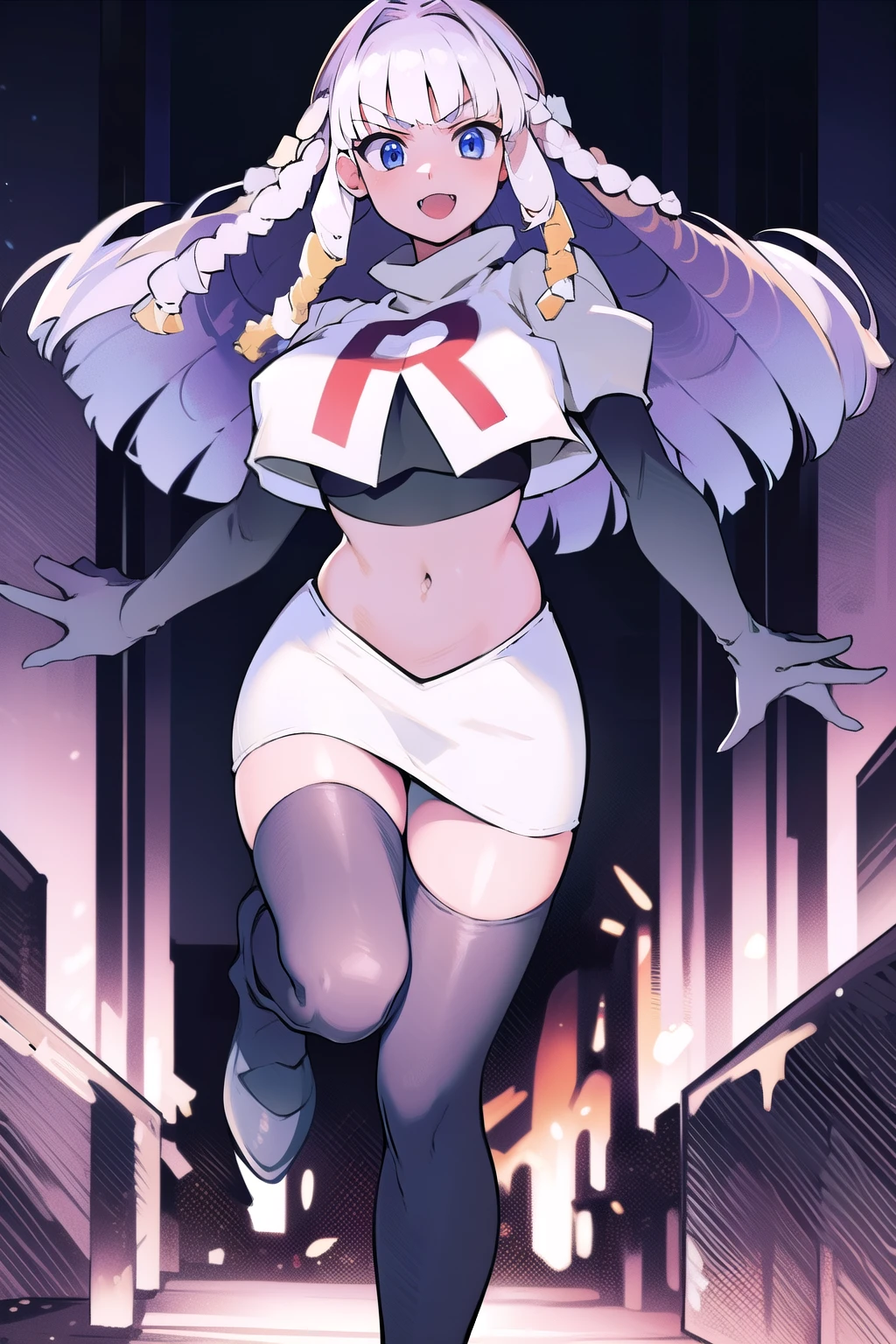 1girl, solo, Fujido Oriko, blue eyes, blunt bangs, breasts, cowboy shot, drill hair, fang, large breasts, long hair, looking at viewer, purple hair, white hair, team rocket,team rocket uniform, red letter R, white skirt,white crop top,black thigh-highs,black elbow gloves