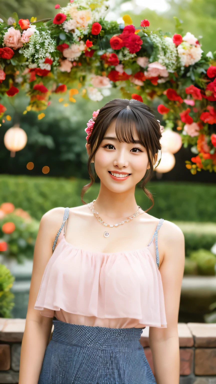 (realistic, photo-realistic:1.4), (extremely detailed 8k wallpaper), bokeh, detailed beautiful eyes and skin, (Image from thighs to head:1.3), (Japanese idol:1.3), 25yo, beautiful woman, smile, (large breast:1.2), full body, 
Blush pink midi skirt with pleats, sheer blouse, rose quartz necklace, Romantic, Outdoor wedding ceremony, Floral arch and vintage lanterns,