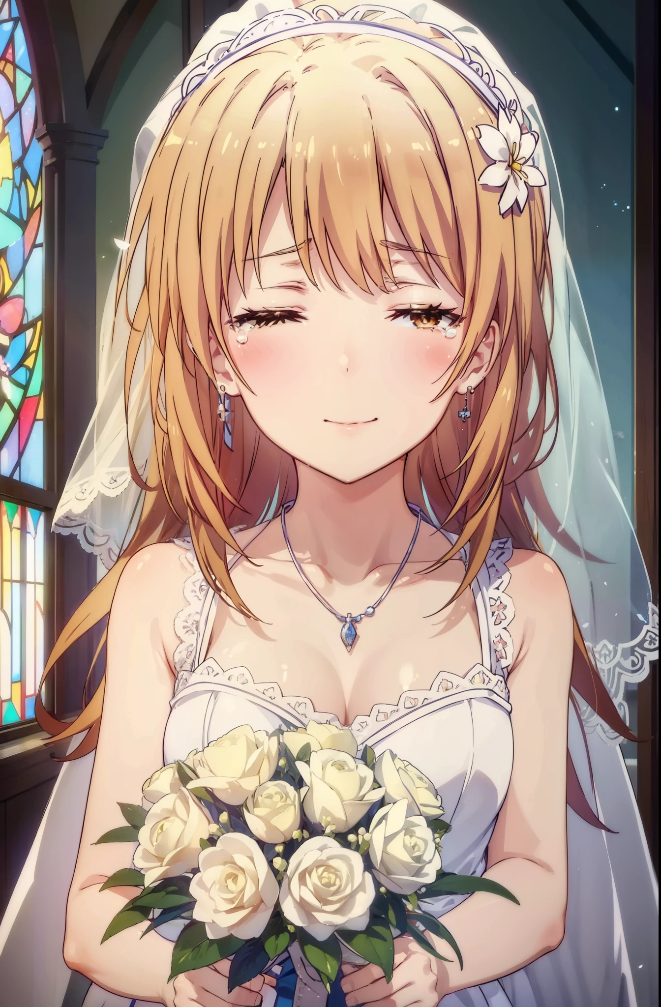 irohaisshiki, iroha isshiki, long hair, brown hair, open your mouth,smile,happy atmosphere,Close both eyes and cry,tears run down her face,tears of joy,blush,smile,necklace with lace,bare clavicle,bare shoulders, large pale stained glass,Light of the sun,chapel,marriage,church,Wedding dress,veil,Wedding Skirts,bouquet,bouquetトス,Holding a big bouquet in both hands,happy atmosphere,Hanabubuki,marriage式, break indoors, chapel, church,
break (masterpiece:1.2), highest quality, High resolution, unity 8k wallpaper, (shape:0.8), (highly detailed face, perfect lighting, Very detailed CG, (perfect hands, perfect anatomy),