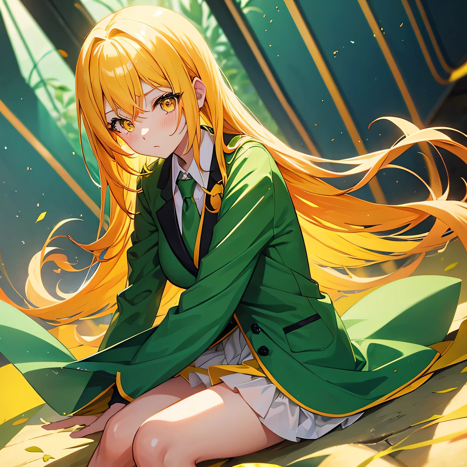 Anime girl with yellow hair in green suit and red tie, orange eyes, shy blush