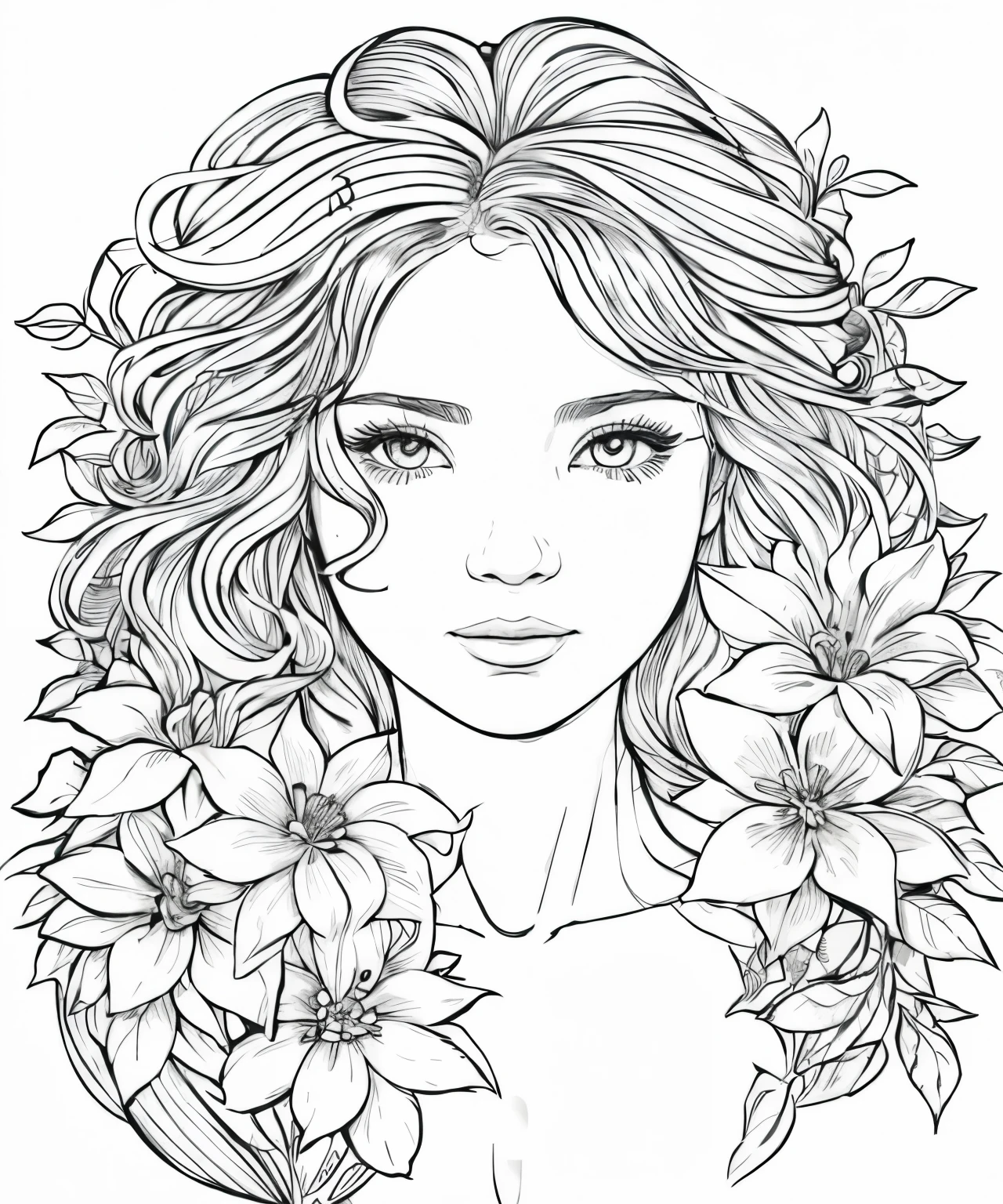 a woman with flowers in her hair and a flower wreath around her neck, line art colouring page, black and white coloring, colouring page, extremely fine ink lineart, line art, colouring pages, beautiful line art, clean coloring book page, girl with a flower face, lineart behance hd, line - art, bold lineart, coloring book outline
