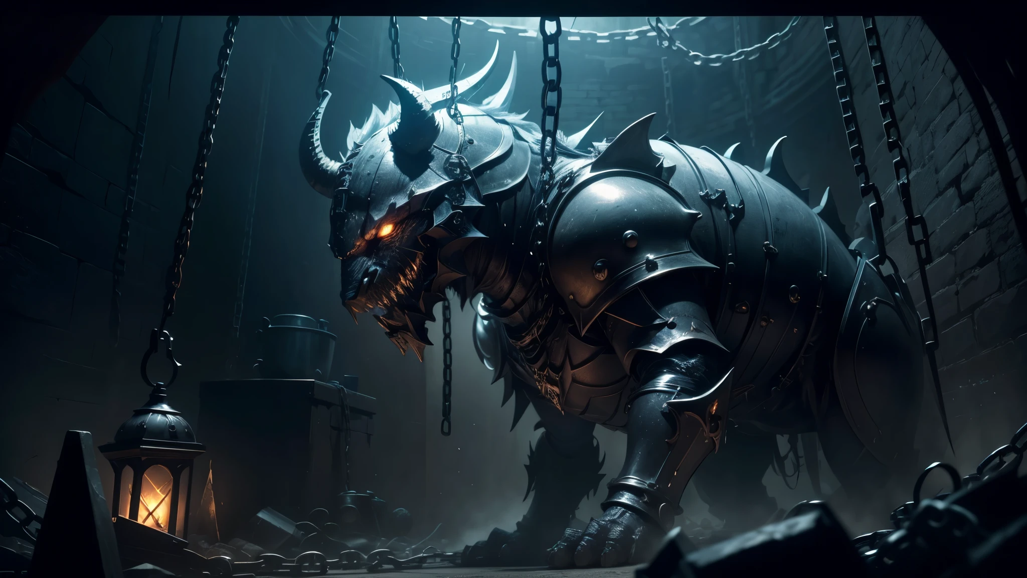 good quality, ultra high resolution,masterpiece, 8K,(reality,detail,The ultimate picture,delicate face)dark night sky,In the spooky dungeon,With chains,Locked up and covered with armor,In sleeping,behemoth