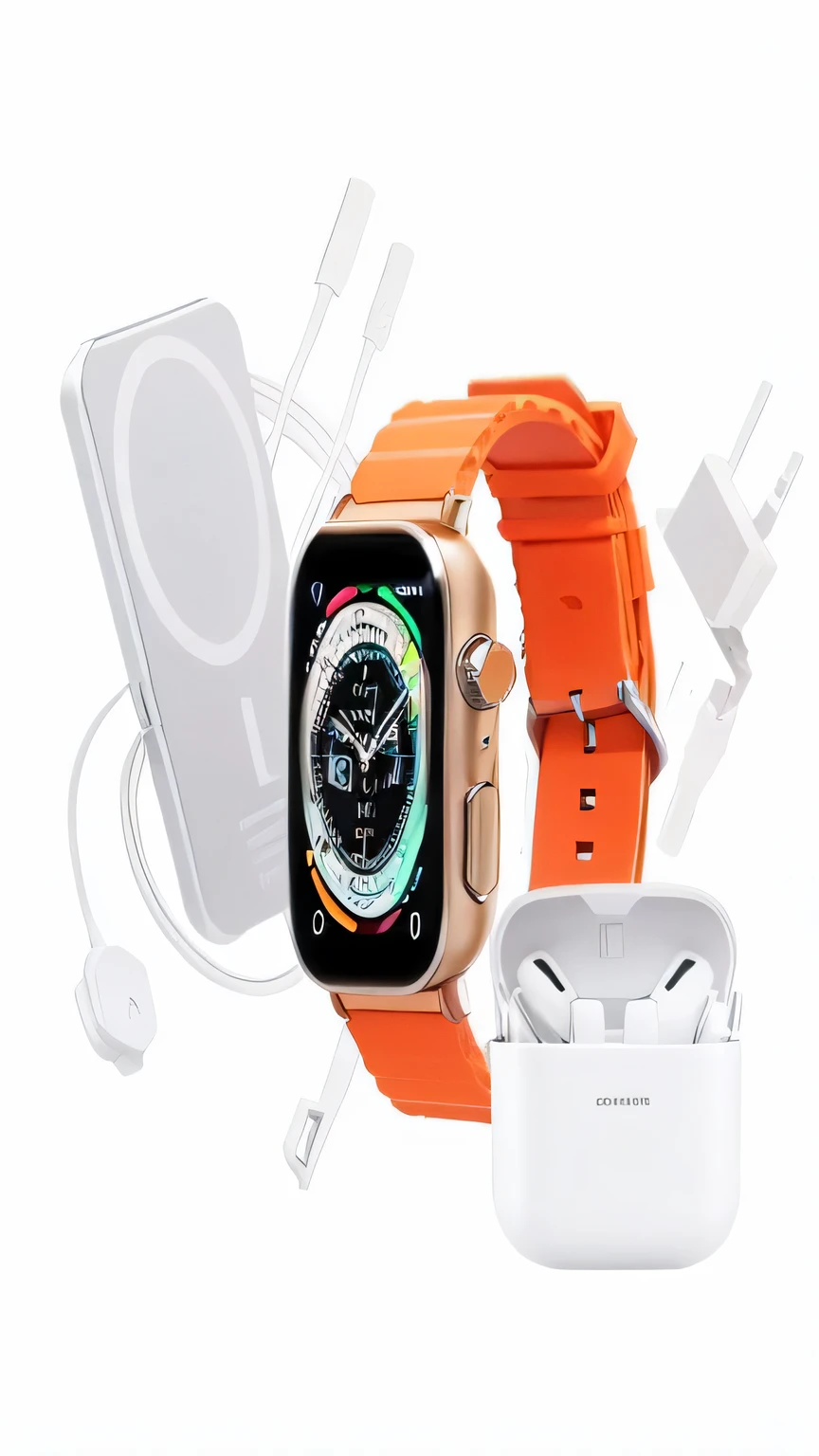 an image of a smart watch with an orange strap and headphones, vibrant feeling, itens e gadget, with apple, postura plana, dispositivos de alta tecnologia, branco e laranja, vibrant and dynamic, vibrant scenery, foto do produto, recurso, alto, conjunto, laranja e branco, colocado contra um fundo branco, orange apple, Foto do produto, vibrant and vivid, Energetic