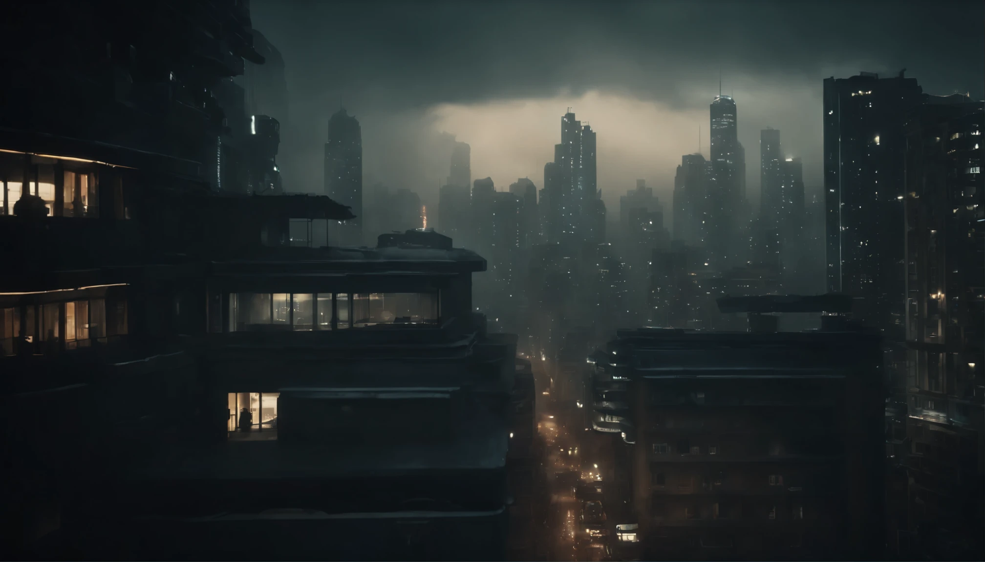 A dystopian futuristic city inhabited only by robots with lots of brutalist architecture, cyberpunk ambience, blade runner atmosphere, night, balcony view