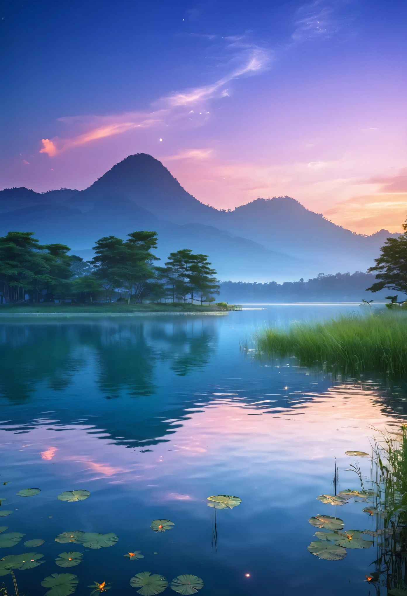 celestial lake in beautiful dusk, natural light, romantic scene