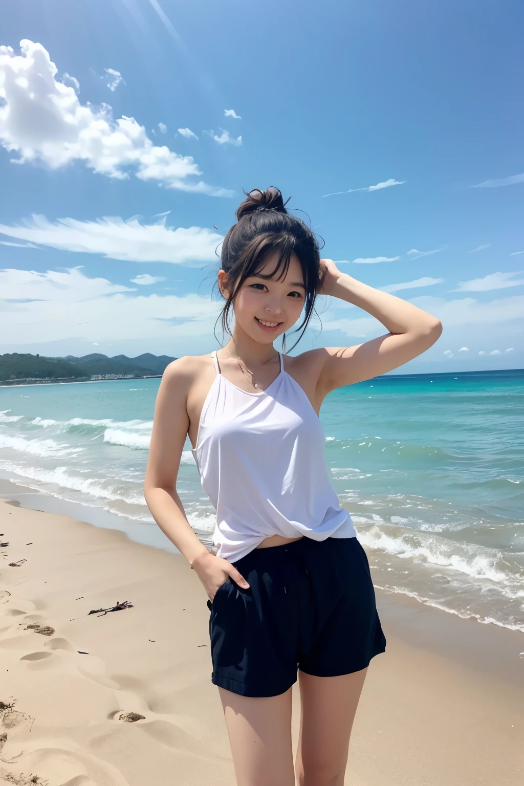 I'm on the beach。I can see the sea behind me。