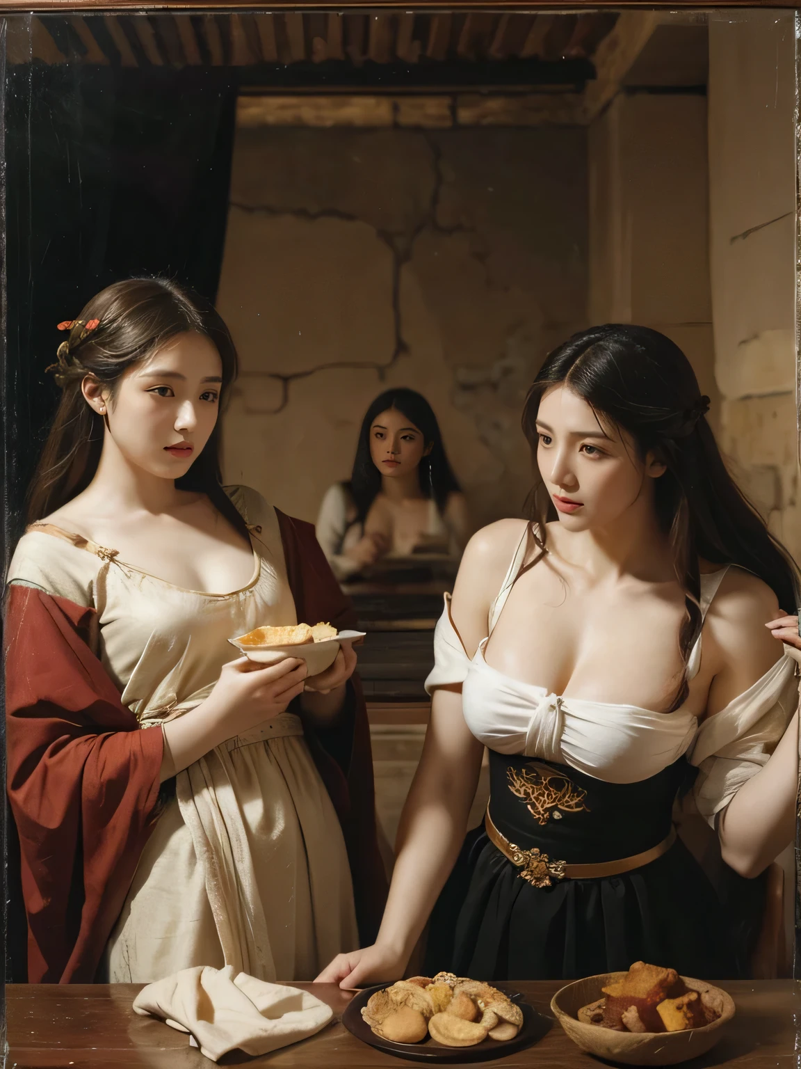 Ancient Greek Erotic Feasts,Giorgione painting style,Arguments of two female