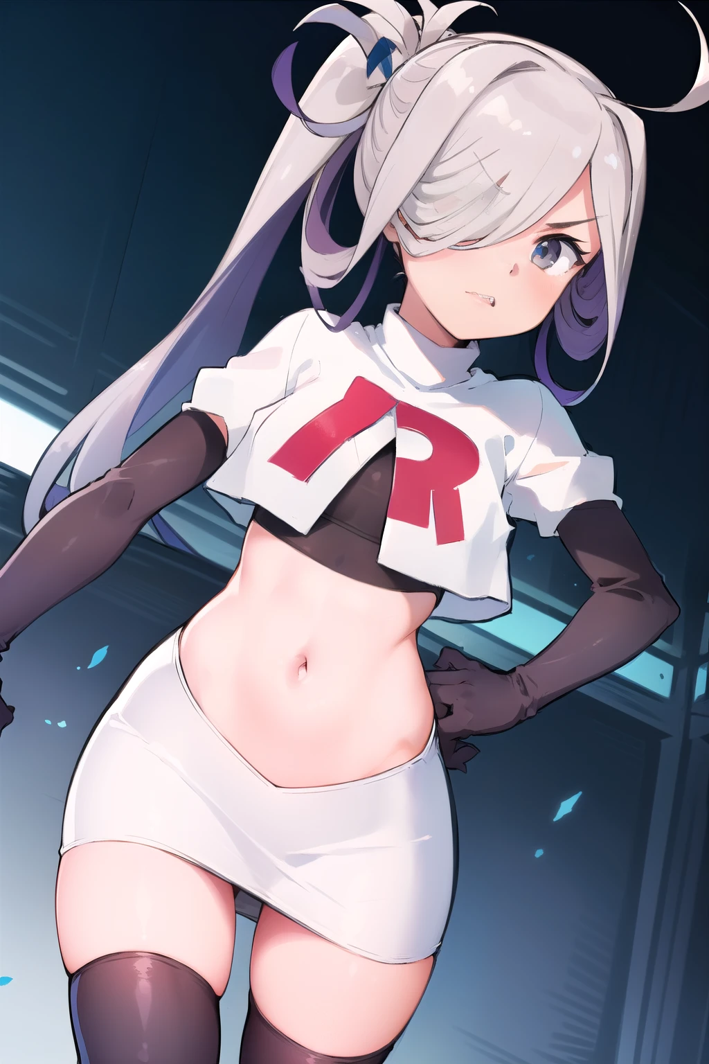 (masterpiece, best quality:1.2), cowboy shot, solo, 1girl, asashimo, sharp teeth, looking at viewer, hair over one eye, ahoge, ponytail, team rocket,team rocket uniform, red letter R, white skirt,white crop top,black thigh-highs,black elbow gloves