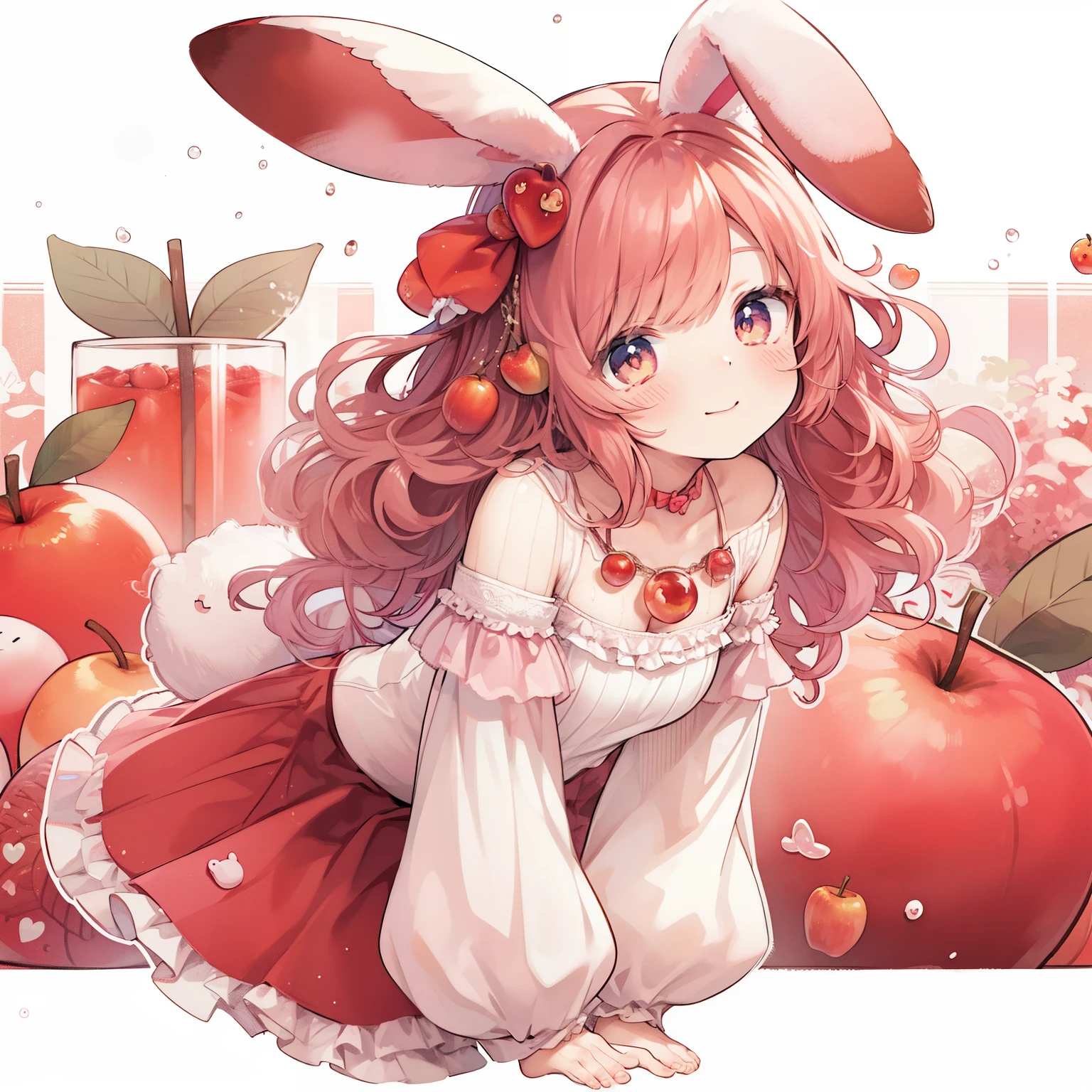 A pastry chef covered in boiling strawberry parfait ramen serving a giant baked apple、Amazing dynamism、Amazing Angle、Whirlpool sandstorm of unstable buoyancy、(((Many friendly rabbits and apples are floating closely and chasing each other.)))。surround each other'large baked apple、