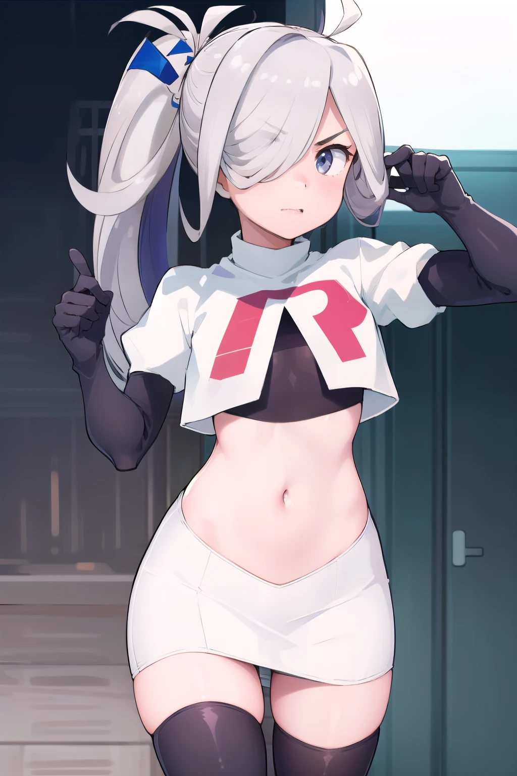 (masterpiece, best quality:1.2), cowboy shot, solo, 1girl, asashimo, sharp teeth, looking at viewer, hair over one eye, ahoge, ponytail, team rocket,team rocket uniform, red letter R, white skirt,white crop top,black thigh-highs,black elbow gloves