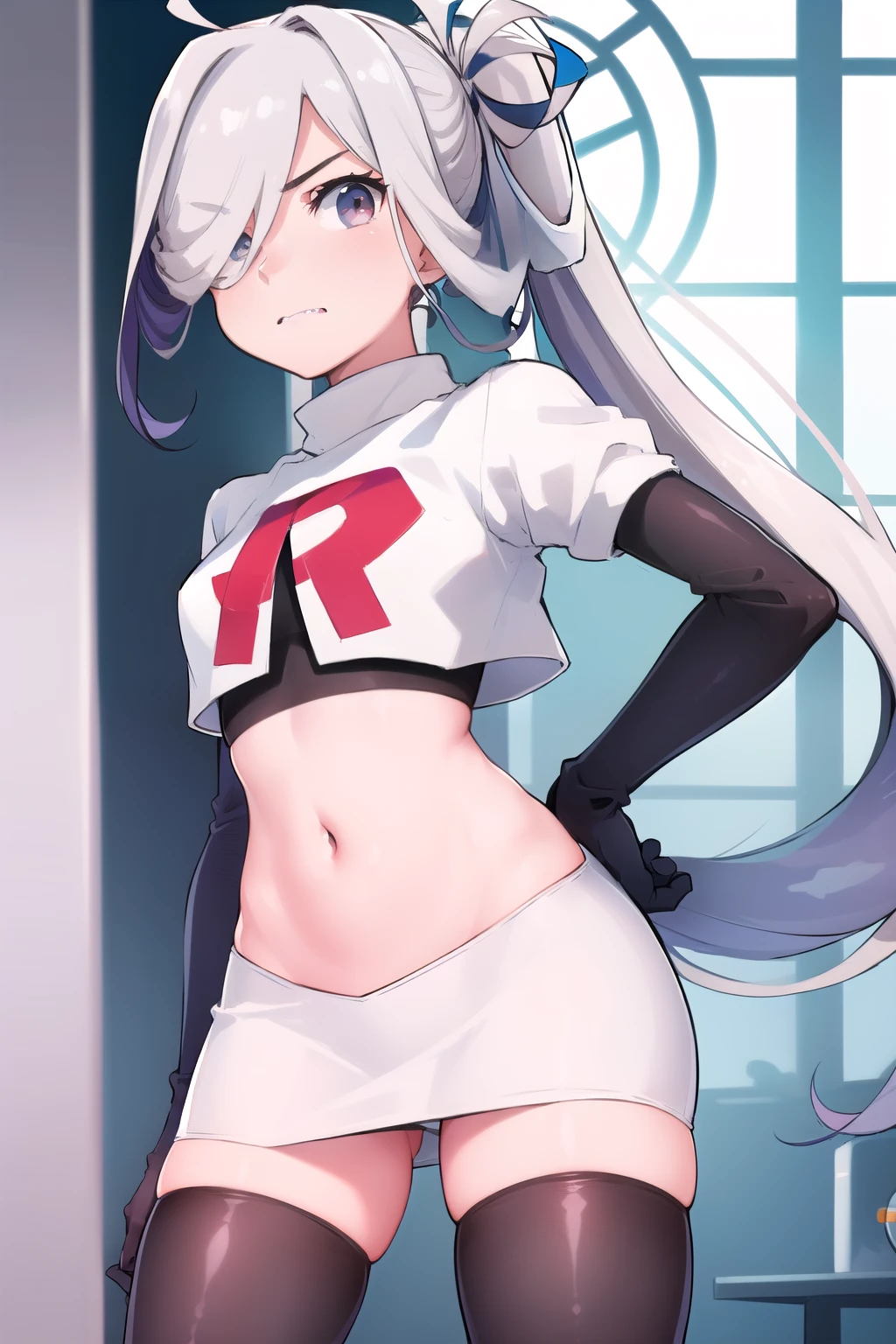 (masterpiece, best quality:1.2), cowboy shot, solo, 1girl, asashimo, sharp teeth, looking at viewer, hair over one eye, ahoge, ponytail, team rocket,team rocket uniform, red letter R, white skirt,white crop top,black thigh-highs,black elbow gloves