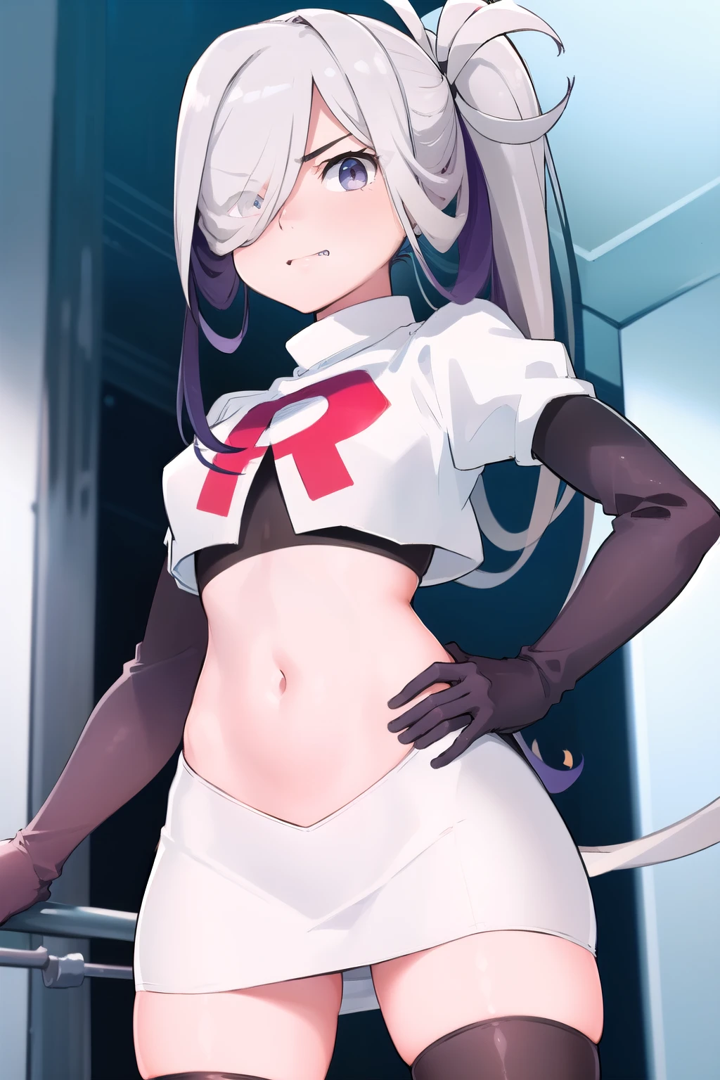 (absurdres, 8k, 4k, masterpiece, hyper extreme detailed:1.2), solo, 1girl, front view, perfect face, 1girl, portrait, expressive eyes, solo, standing, Female, girl with goggles and a chain around her neck, cyber goggles, victorian goggles, round goggles, goggles, cyberpunk monocle!, goggle eyes, steampunk googles, steampunk goggles, wearing victorian brass goggles, weak, female, small breasts, pale, cream colored hair, long hair, gold eyes, swept bangs, slim, slender, intelligent, genius, mad scientist, twin tails, Inventor, confident, perfect anatomy, futuristic, fingerless gloves, chest harness, pervert, half body, lab coat, belts, crazy face, crazy eyes, crazy smile, 1girl, futuristic, labcoat, white hair, mature, adult, attractive, skirt, hologram, monocle, wide smile, jovial, poofy twin tails, big hair, bound, bondage, (arms behind back:1.4), bdsm, tape gag, tape, tape bondage, restrained, best anatomy, full body, taped thighs, taped legs, legs together, tape wrapped, wrap gag, taped ankles, taped calves, taped thighs, taped elbows, taped hands, taped below breasts, taped above breasts, taped mouth, gagged,