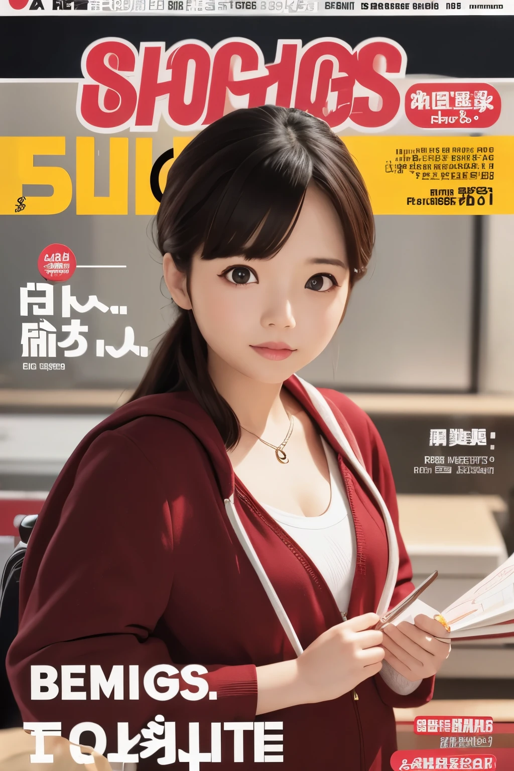 Photoreal、A was surprised to see her photo on the cover of a magazine.、pointing to his photo on the cover