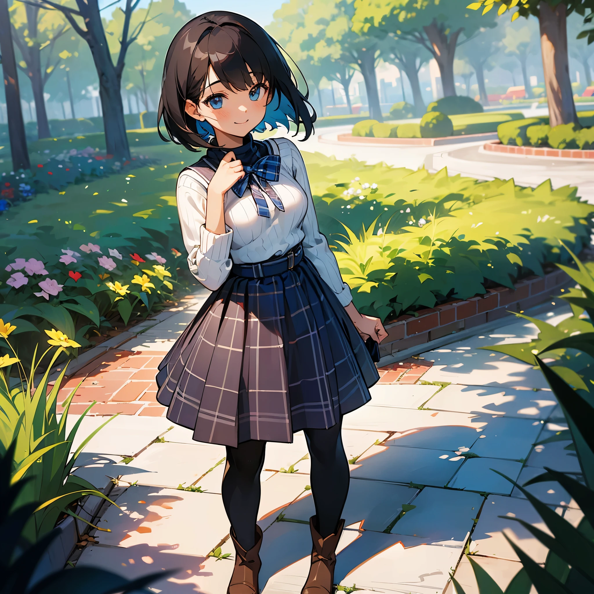(high quality, High resolution, Super detailed, reality:1.37), peaceful atmosphere, (outdoors, garden), girl standing alone, (my breasts are big.), Beautiful detail features, cute smile, (black bob hair), ribbed sweater, blue plaid skirt, black tights, brown boots.