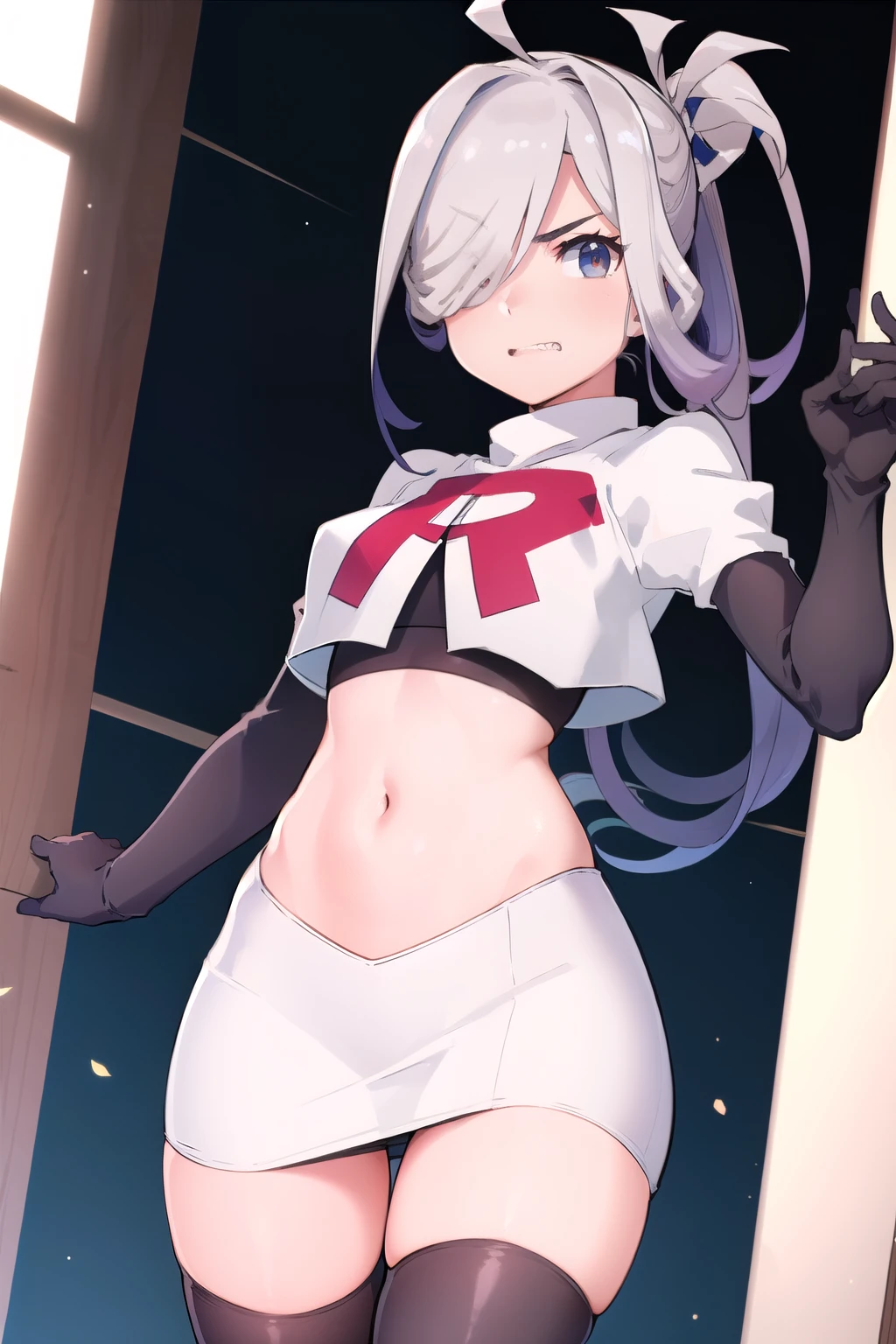 (masterpiece, best quality:1.2), cowboy shot, solo, 1girl, asashimo, sharp teeth, looking at viewer, hair over one eye, ahoge, ponytail, team rocket,team rocket uniform, red letter R, white skirt,white crop top,black thigh-highs,black elbow gloves