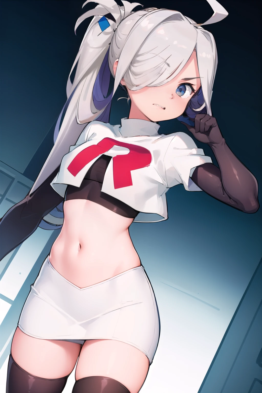 (masterpiece, best quality:1.2), cowboy shot, solo, 1girl, asashimo, sharp teeth, looking at viewer, hair over one eye, ahoge, ponytail, team rocket,team rocket uniform, red letter R, white skirt,white crop top,black thigh-highs,black elbow gloves