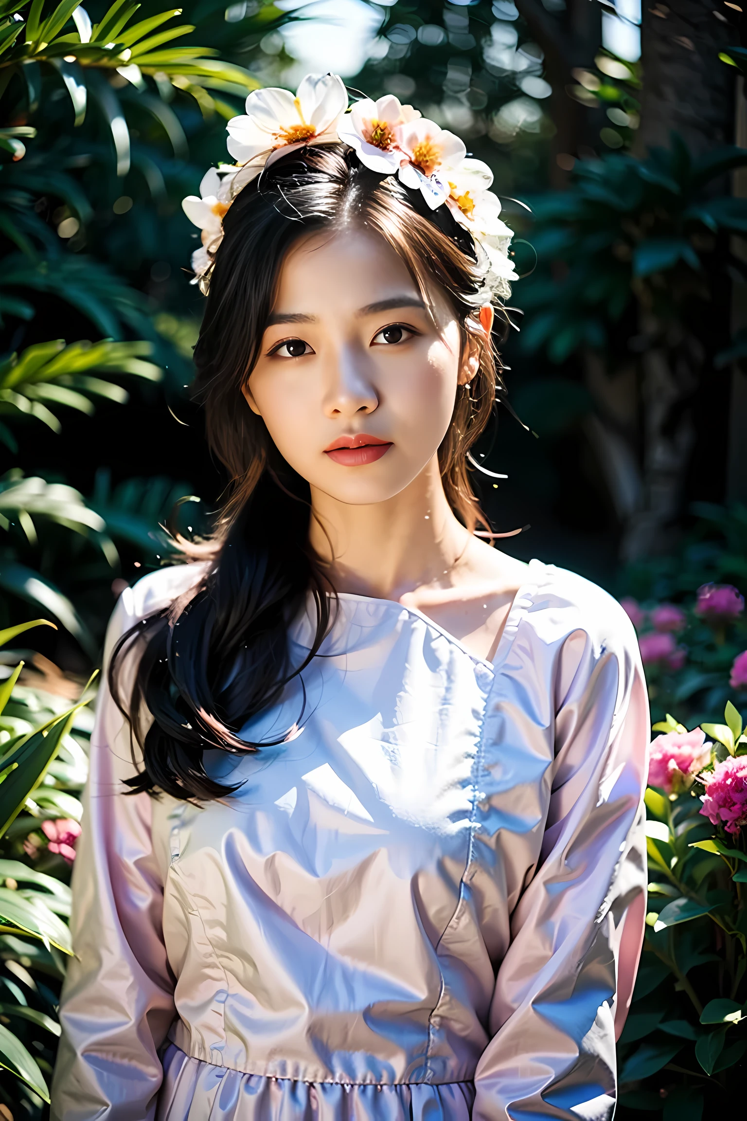 Realistic photography, Korean beautiful girl , flower garden