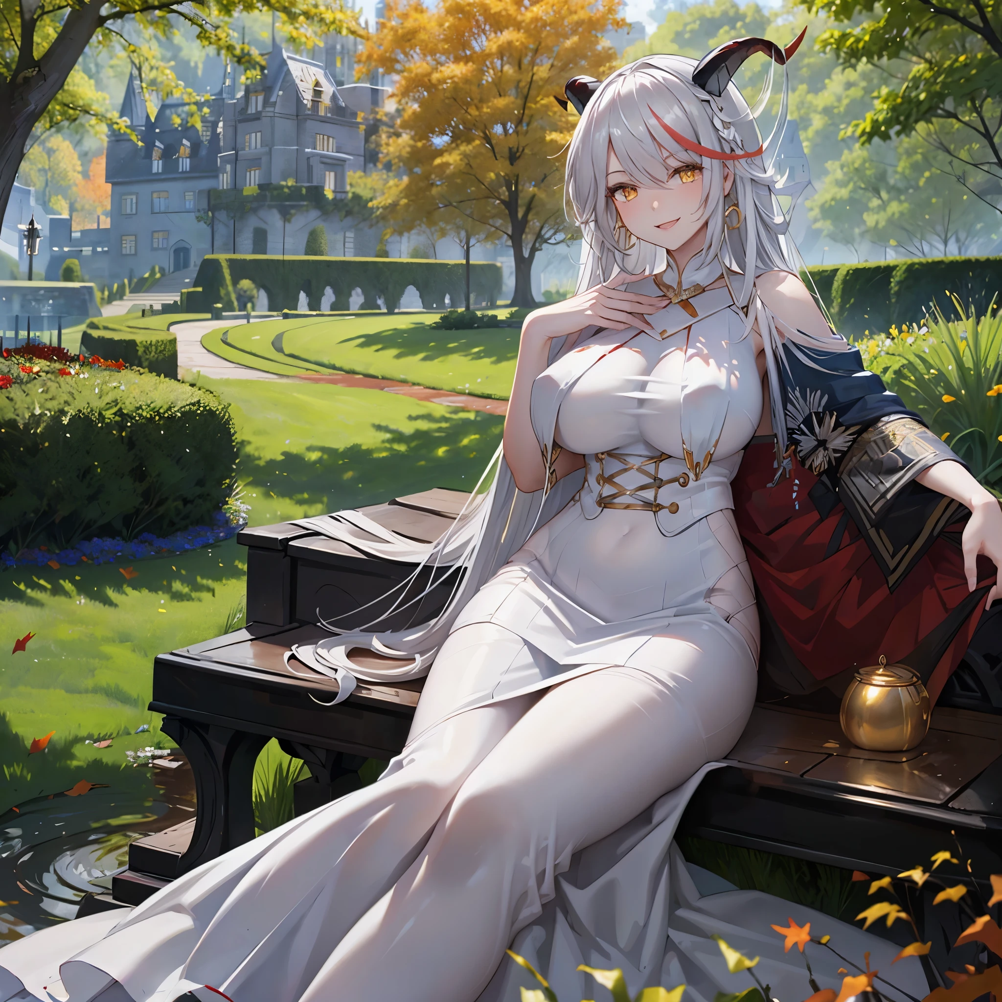 Woman in a white dress with gold details, long silver hair, red bangs, yellow eyes, horns, in the garden of a castle, autumn weather, big breasts, smiling.
