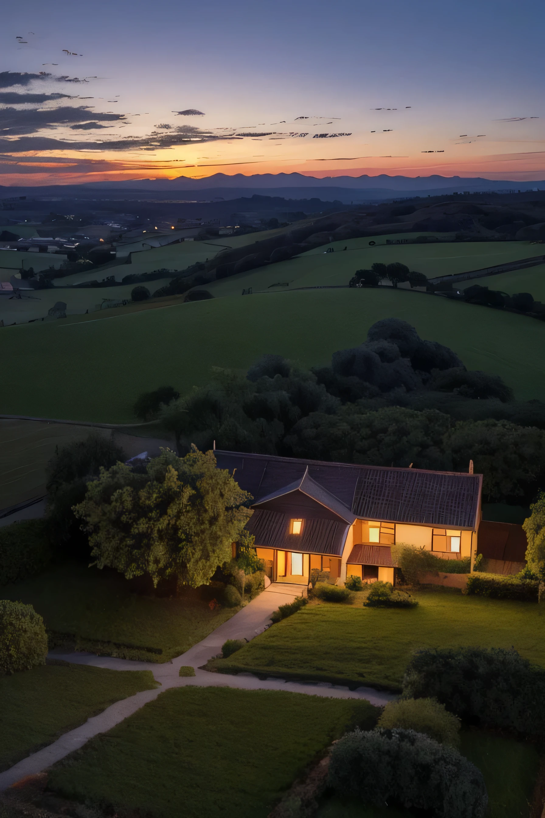 Generate captivating images of nostalgic and angelic night scenes. Imagine what it looks like after sunset, Fundindo calor, Amber light passes through the peaceful landscape. Imagine uma casa charmosa,Lanternas piscando iluminam os arredores. The faded light paints the sky orange and purple, Refletido nas janelas da fazenda. Um caminho empoeirado serpenteia por um campo, levar para casa. Includes elements such as a rustic windmill slowly turning in the breeze, Capture the tranquil beauty of the West Country during this peaceful evening moment