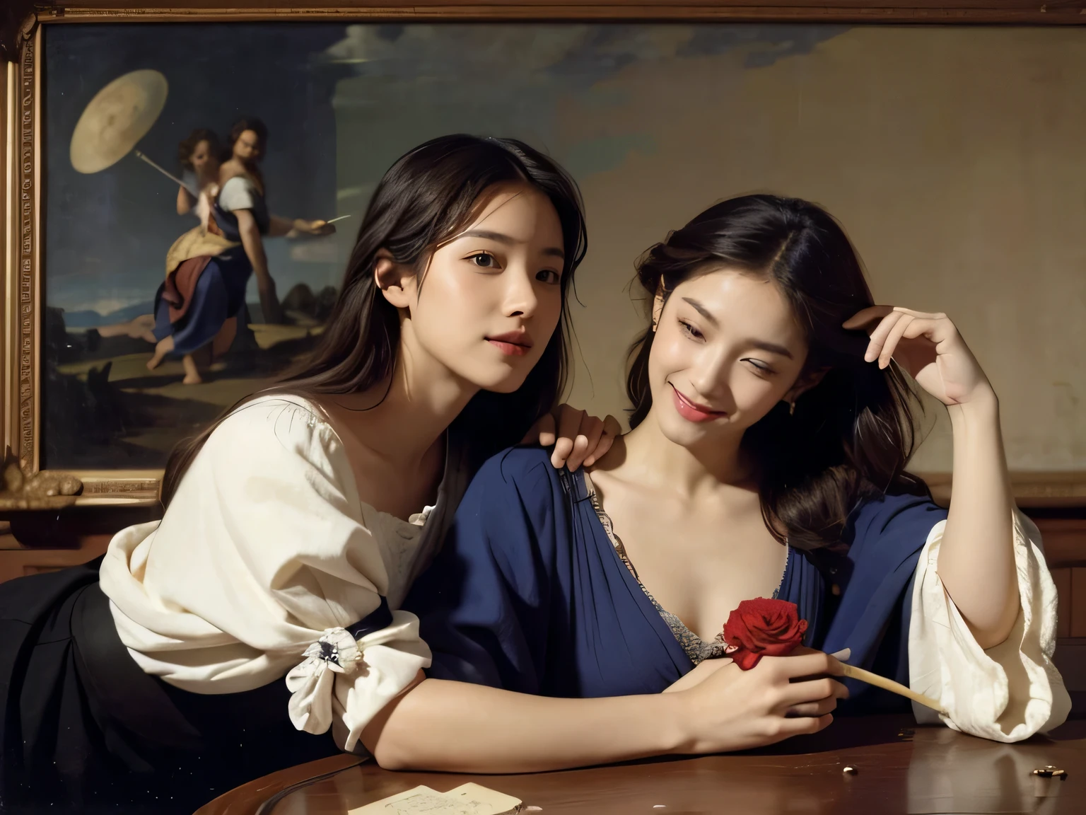 Giorgione's painting style,Discussion between two female philosophers,math、astronomical machine、astronaut、roses in vase、fruit、Cute trinkets、smile、ancient greek costume、Ancient Roman landscape in the style of Nicolas Poussin,laughter,,sweet and enchanting appearance.、caravaggio painting、Caravaggio's Chiaroscuro、My hair was messed up by the wind,two women having fun,cute smile, expression of ecstasy,sexy,erotic