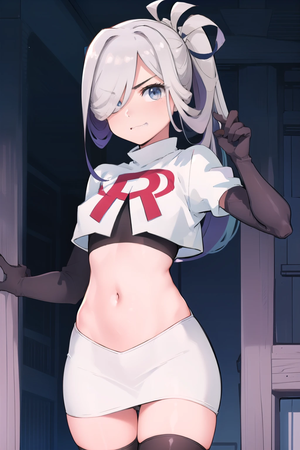 (masterpiece, best quality:1.2), cowboy shot, solo, 1girl, asashimo, sharp teeth, looking at viewer, hair over one eye, ahoge, ponytail, team rocket,team rocket uniform, red letter R, white skirt,white crop top,black thigh-highs,black elbow gloves