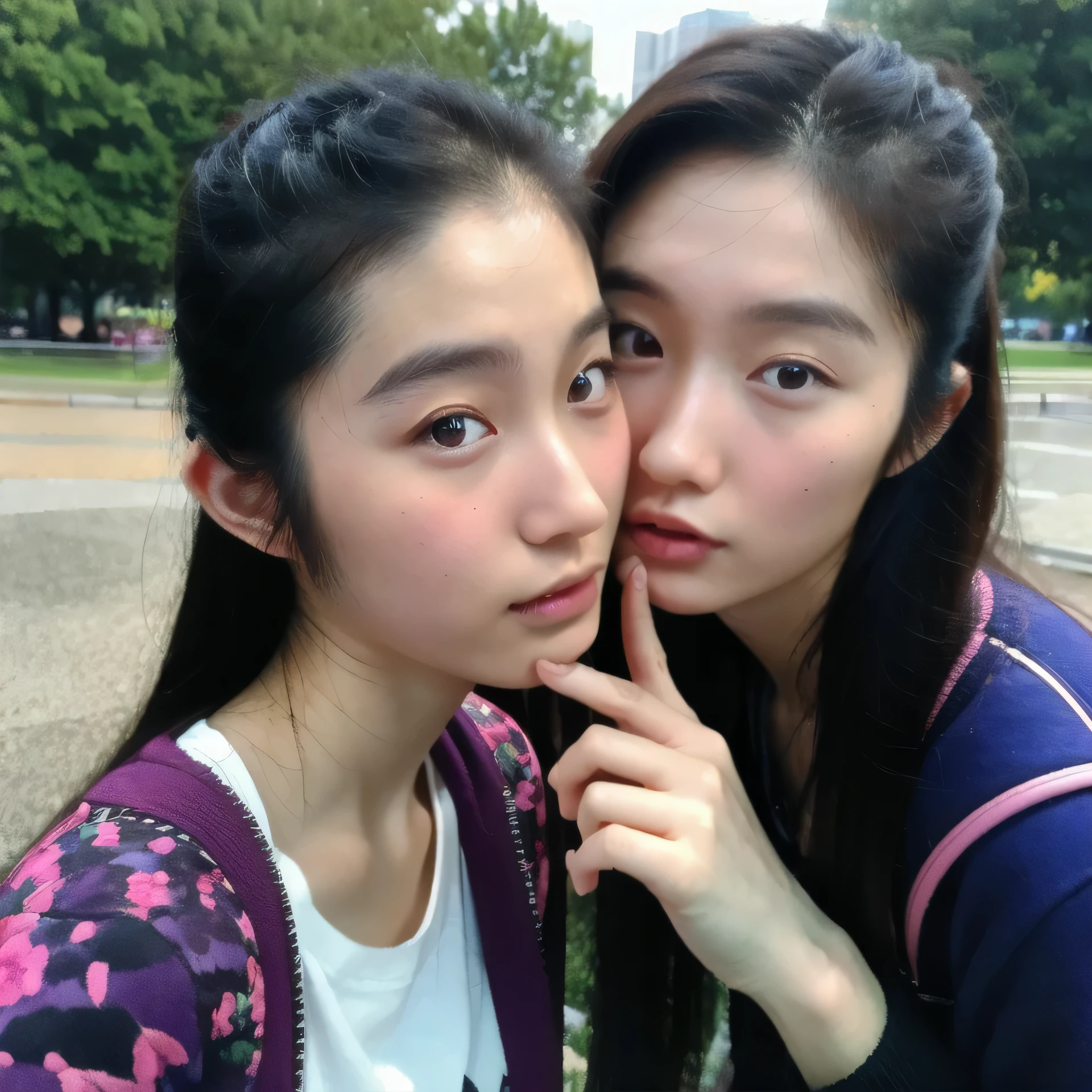 identical twin sisters kissing、very realistic，The most beautiful woman here，at the park，4086kbit，extreme details，realistic skin texture，Blue stajan、modern cute high school girl、highly detailed face、highly detailed eyes、very realistic skin、 highly detailed fingers, highly detailed nose, highly detailed mouth, Yua Mikami，，Yui Aragaki，Mitami Hamabe