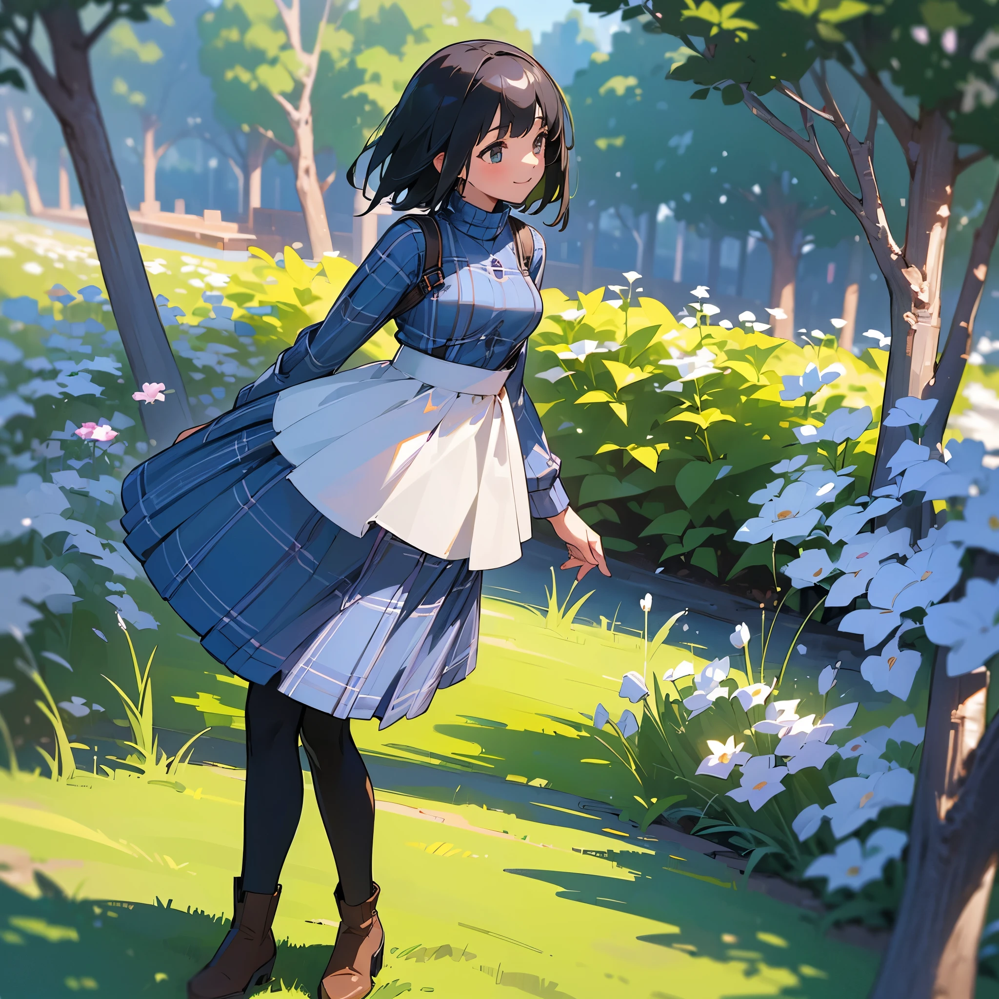(high quality, High resolution, Super detailed, reality:1.37), peaceful atmosphere, (outdoors, garden), teenage girl standing alone, (my breasts are big.), Beautiful detail features, cute smile, (black bob hair), ribbed sweater, blue plaid skirt, black tights, brown boots.