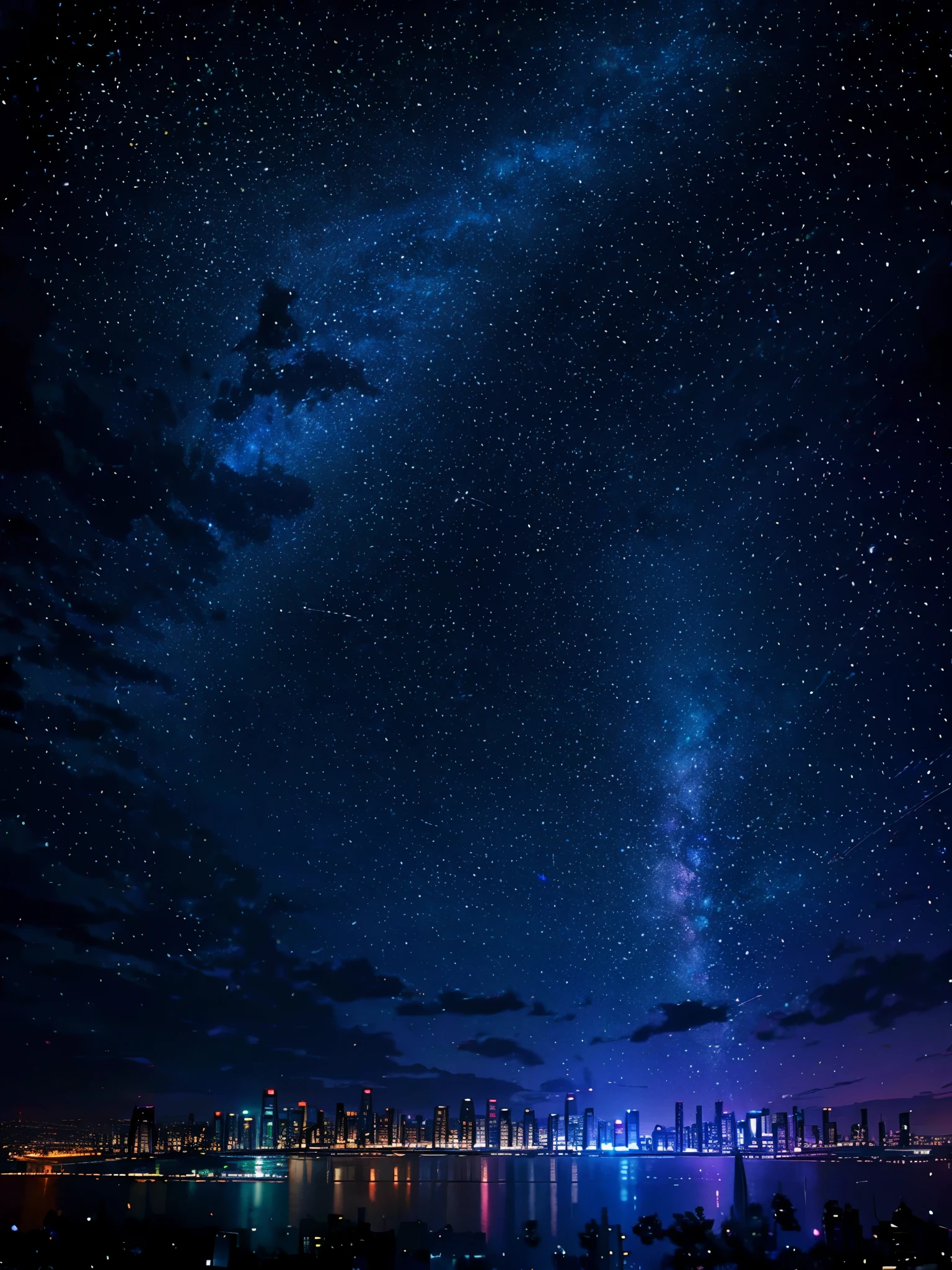 Starry sky with the constellations of the zodiac, tons de roxo como se fossem nebulosas, vast space, cidade cyberpunk na parte inferior,