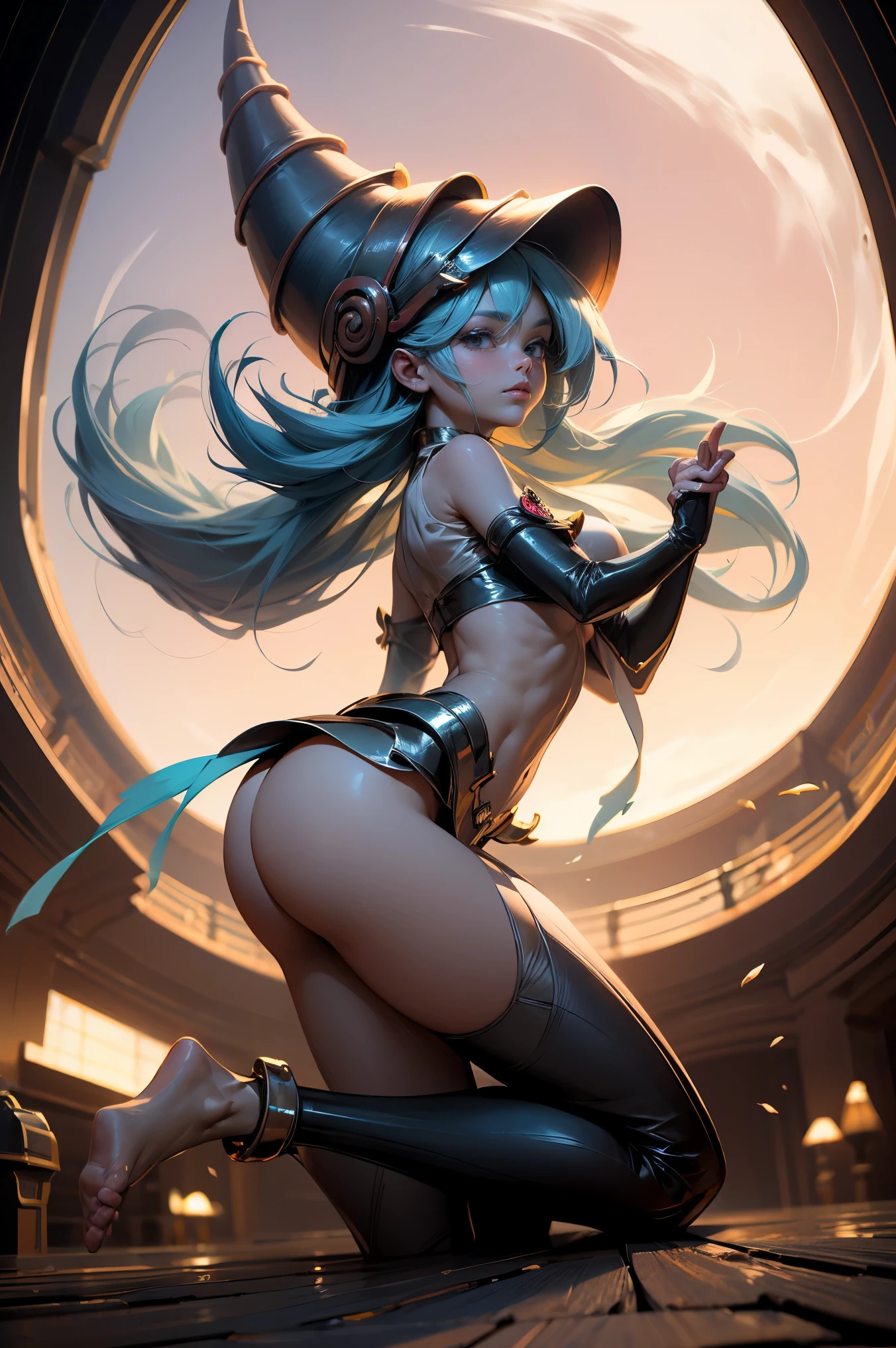 (Obra maestra:1.2), (La mejor calidad:1.2), perfect lighting, Chica Maga Oscura lanzando un hechizo, flotando en el aire, tetas grandes, escote, fondo de magia. Corazones transparente en el hambiente, bata azul, sombrero grande, desde arriba, Destellos, Yugioh Card en el fondo. En tacones y en bikini