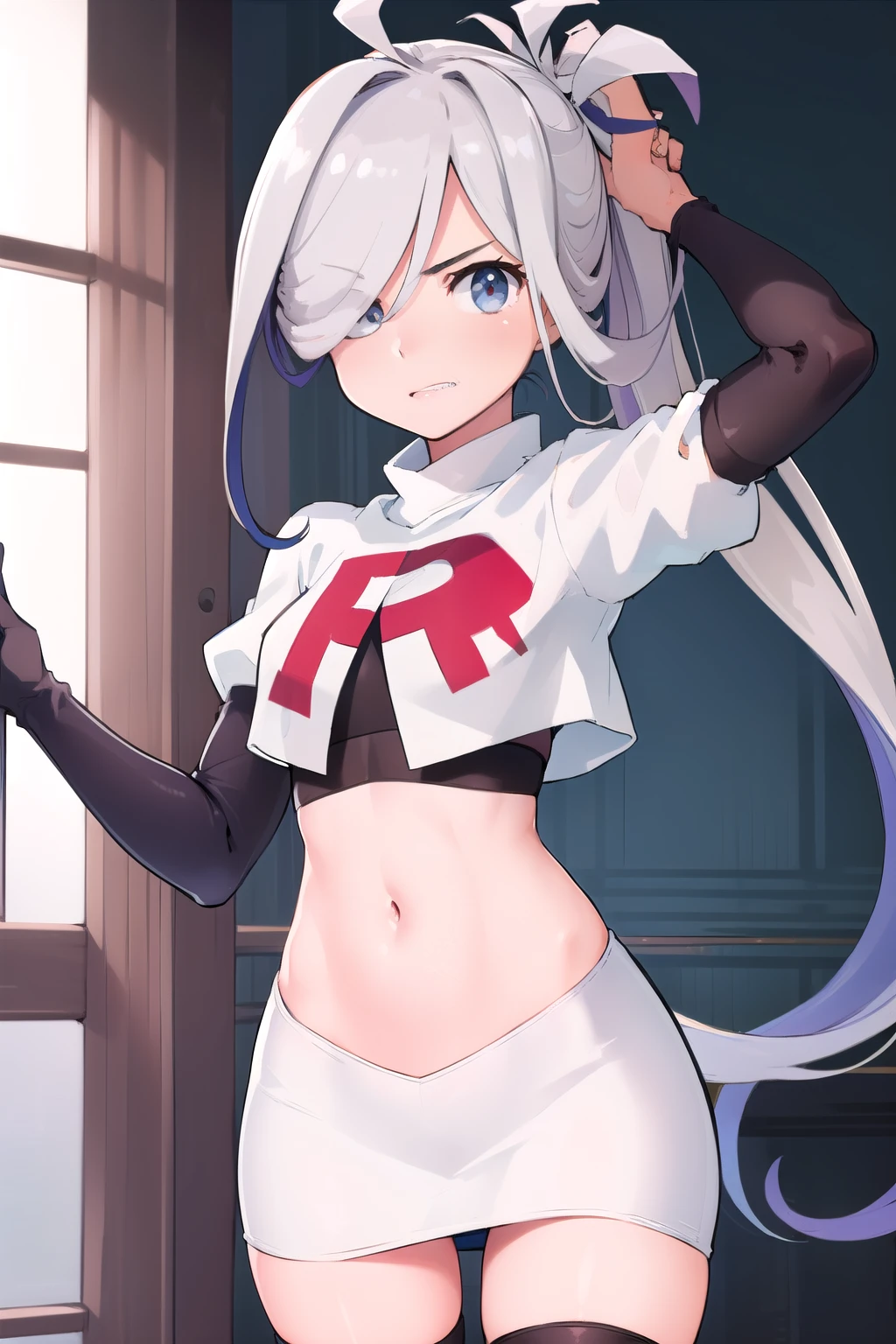 (masterpiece, best quality:1.2), cowboy shot, solo, 1girl, asashimo, sharp teeth, looking at viewer, hair over one eye, ahoge, ponytail, team rocket,team rocket uniform, red letter R, white skirt,white crop top,black thigh-highs,black elbow gloves