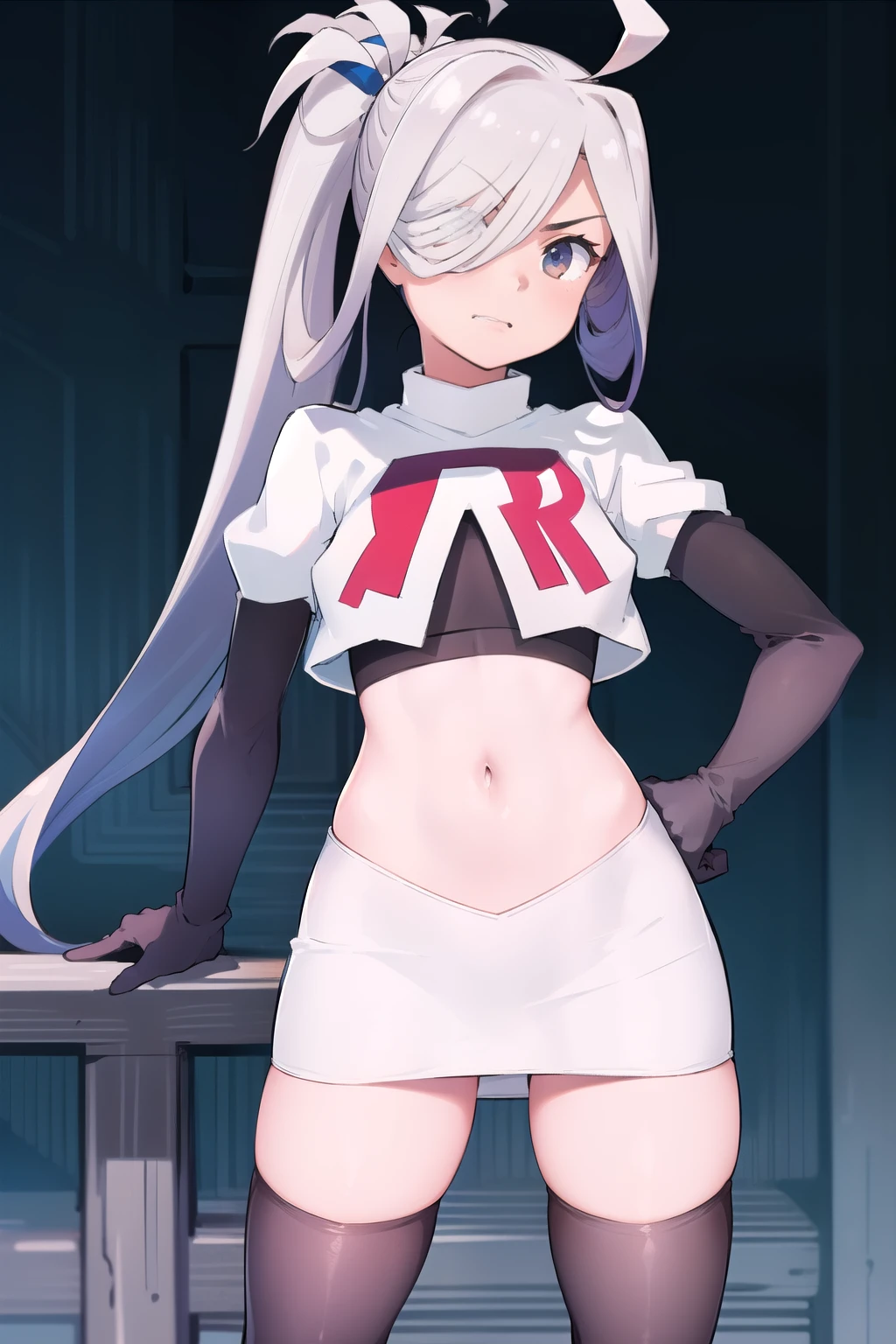 (masterpiece, best quality:1.2), cowboy shot, solo, 1girl, asashimo, sharp teeth, looking at viewer, hair over one eye, ahoge, ponytail, team rocket,team rocket uniform, red letter R, white skirt,white crop top,black thigh-highs,black elbow gloves