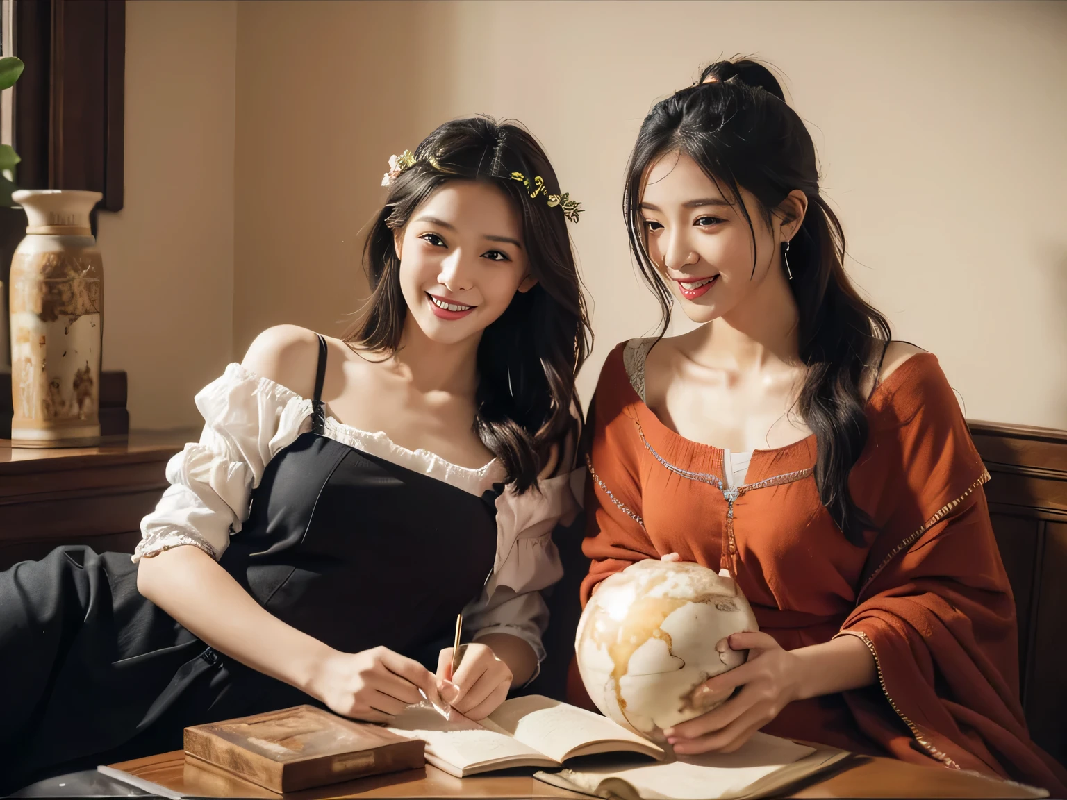 Giorgione painting style,Arguments of two female Philosophe,math、astronomical machine、astronaut、roses in vase、fruits、Cute trinkets、smile、ancient greek costume、Ancient Roman landscape in the style of Nicolas Poussin,laughter,,Sweet and seductive appearance.、Caravaggio's paintings、Chiaroscuro of Caravaggio、hair tousled by the wind,Two women frolicking,cute smile, expression of ecstasy,Sexy,??????