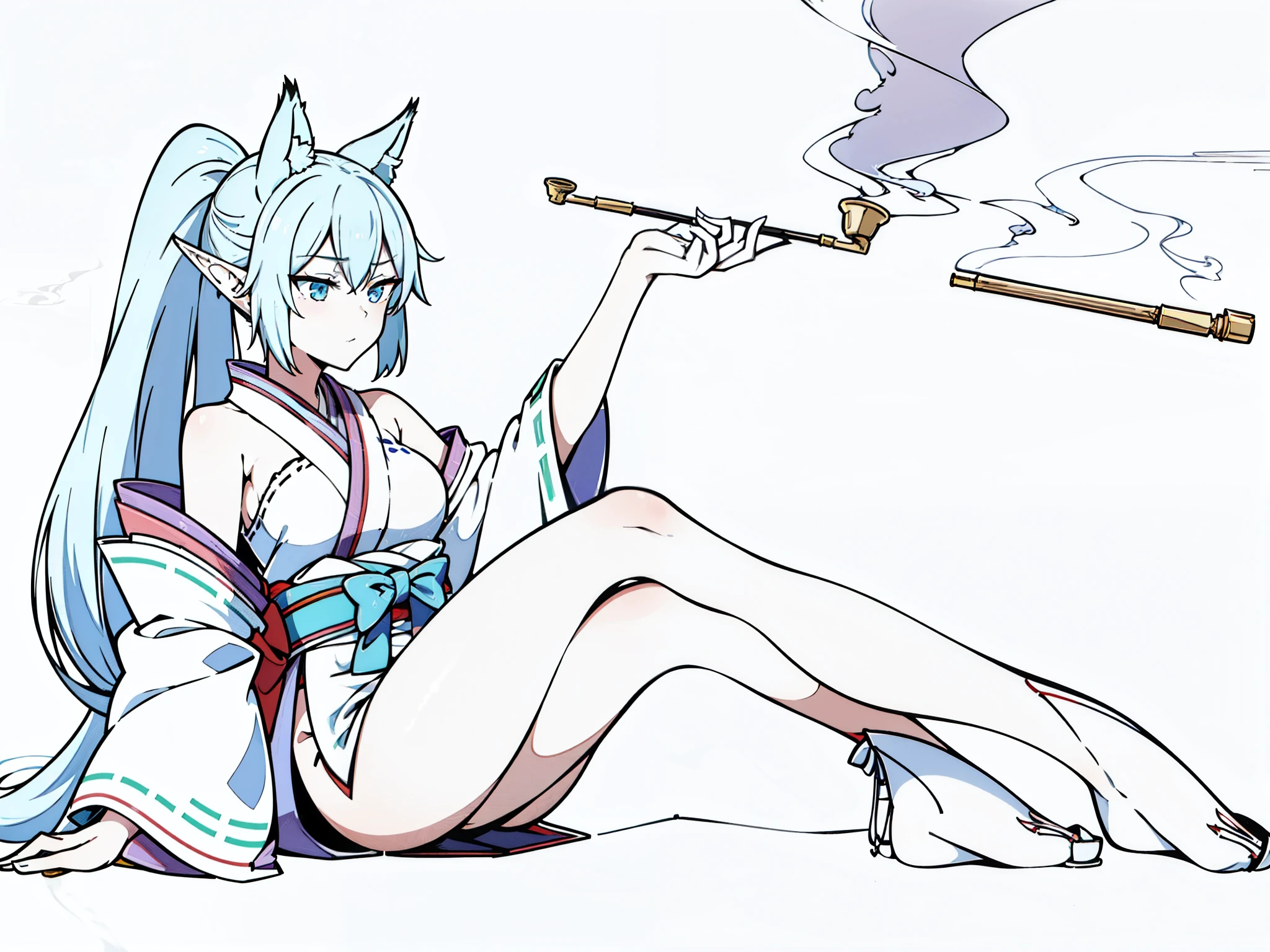 1girl,20s,solo,light blue hair,fox ears,(white background,line drawing),dynamic angle,cheerful,sitting,legs over edge,smoke,elf ears,holding_smoking_pipe,smug,traditional clothing,kimono,laying down,expressionless,ponytail,inside of a house